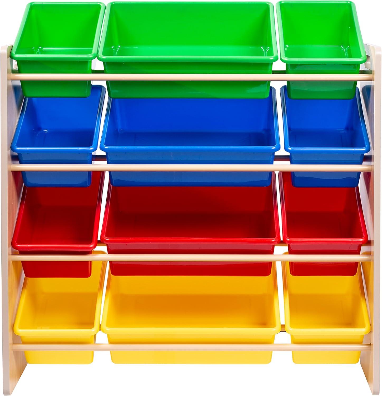 Honey-Can-Do  MDF Kids Toy Storage Organizer with 12 Plastic Bins, Natural/Primary Colors