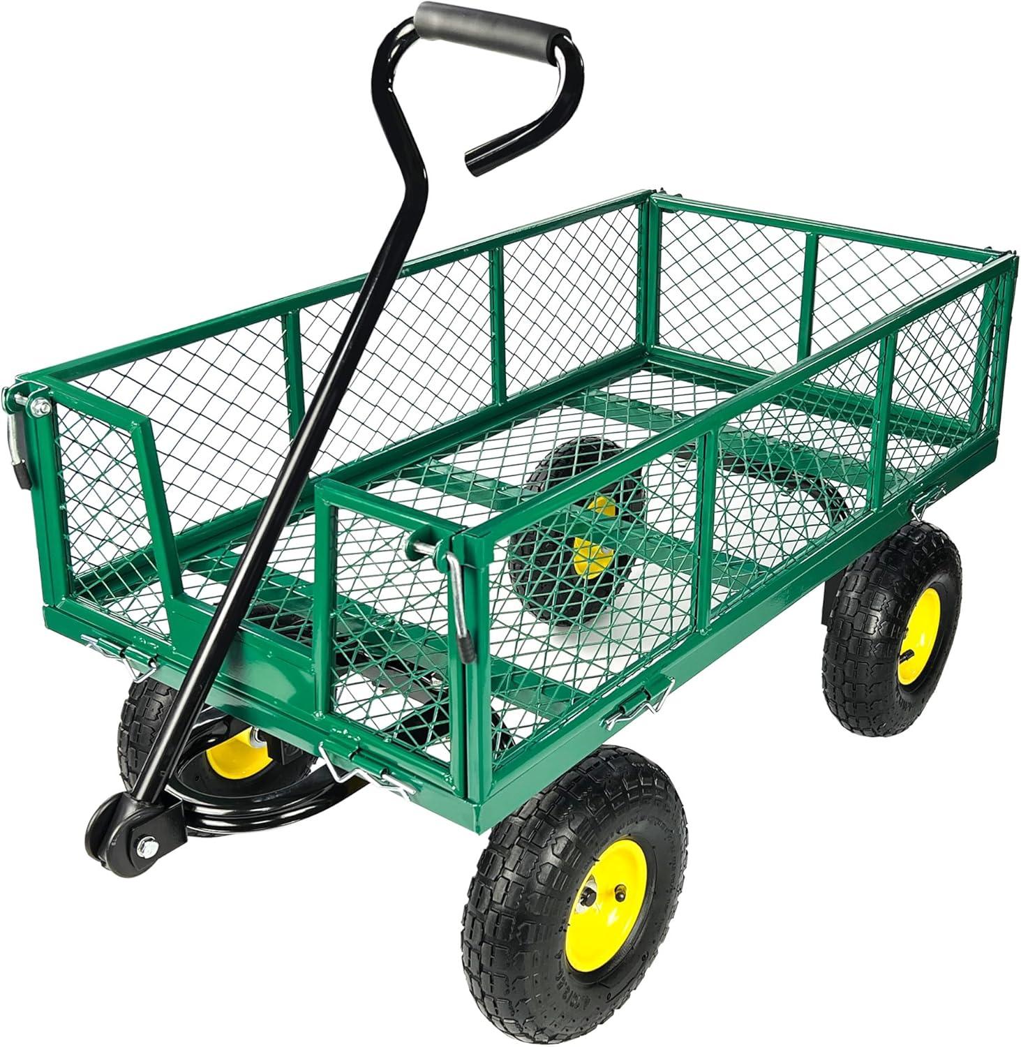 Homdox Steel Garden Cart 880 lbs Capacity Heavy Duty Garden Wagons,with Removable Steel Mesh Sides to Convert into Flatbed,Utility Metal Wagon w/ 180°Rotating Handle and 2 Tags Recyclable