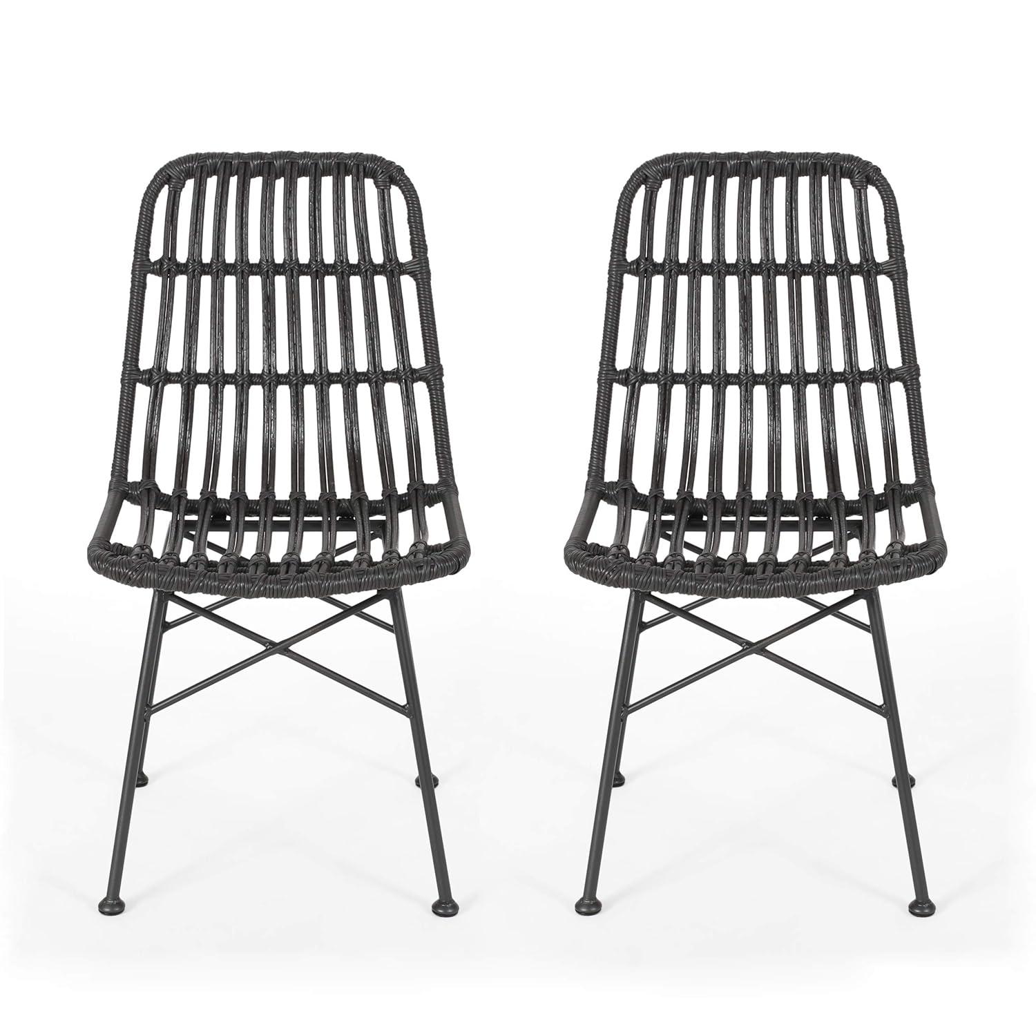 GDFStudio Braymer Outdoor Wicker and Iron Dining Chairs (Set of 2), Gray