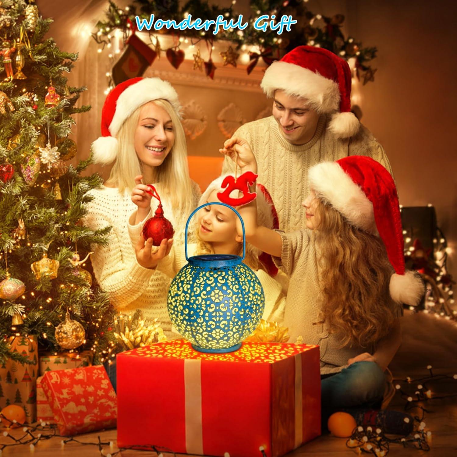 Solar Large Lantern Outdoor Hanging Lights Metal Decorative Garden Lights Waterproof Table Lamp for Patio, Courtyard, Party Decorations (1 Pack, Teal Blue)