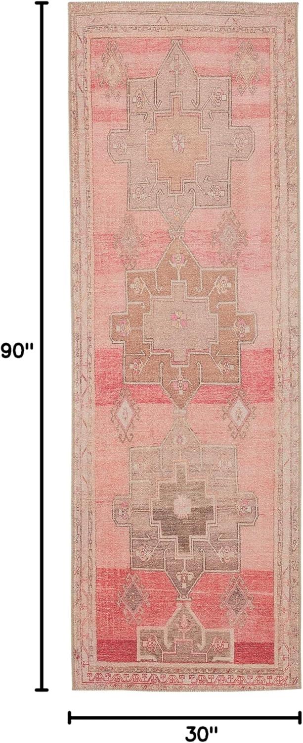 Gray and Pink Synthetic Medallion Runner Rug, 3 x 8 ft