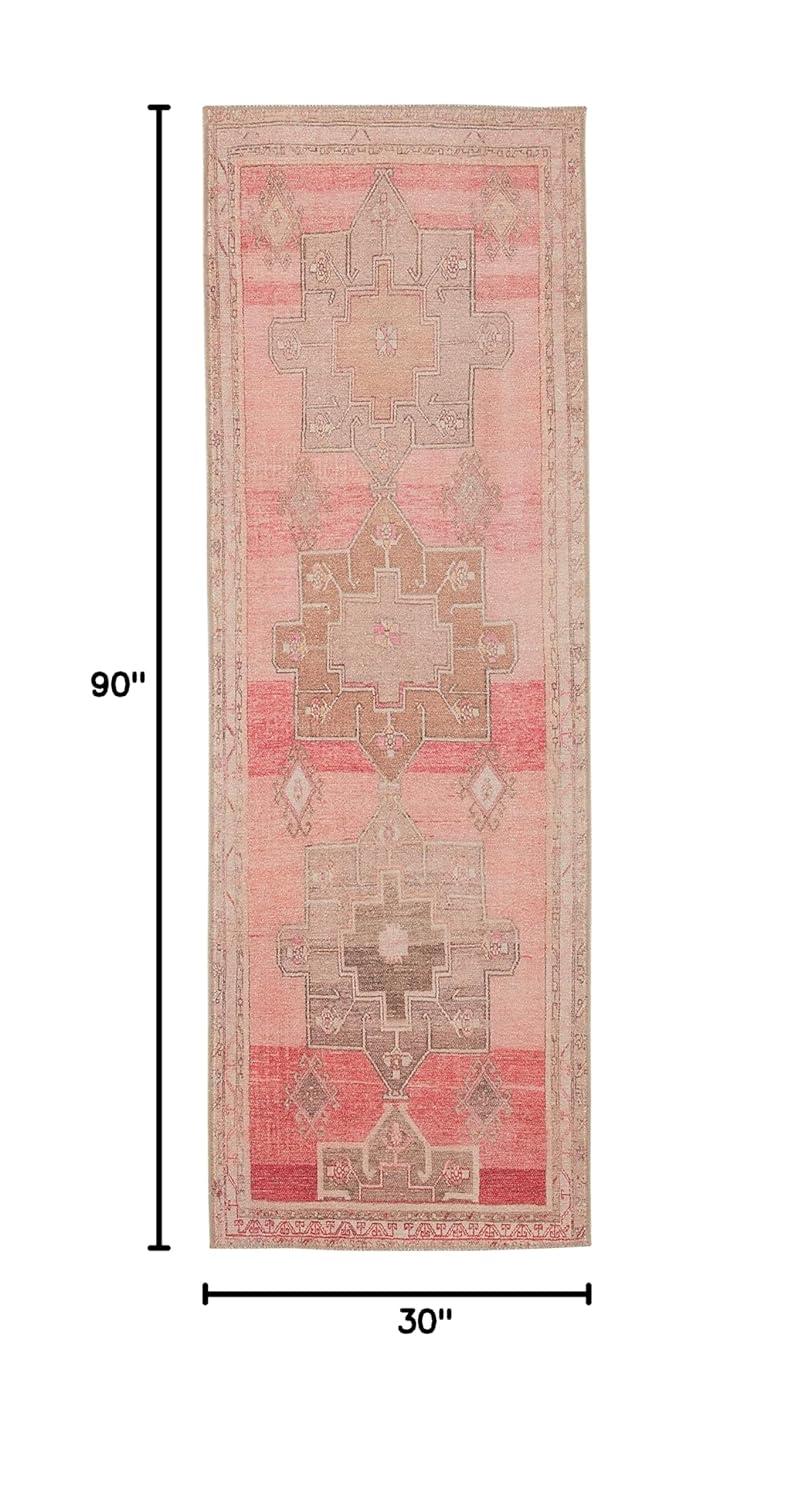 Gray and Pink Synthetic Medallion Runner Rug, 3 x 8 ft