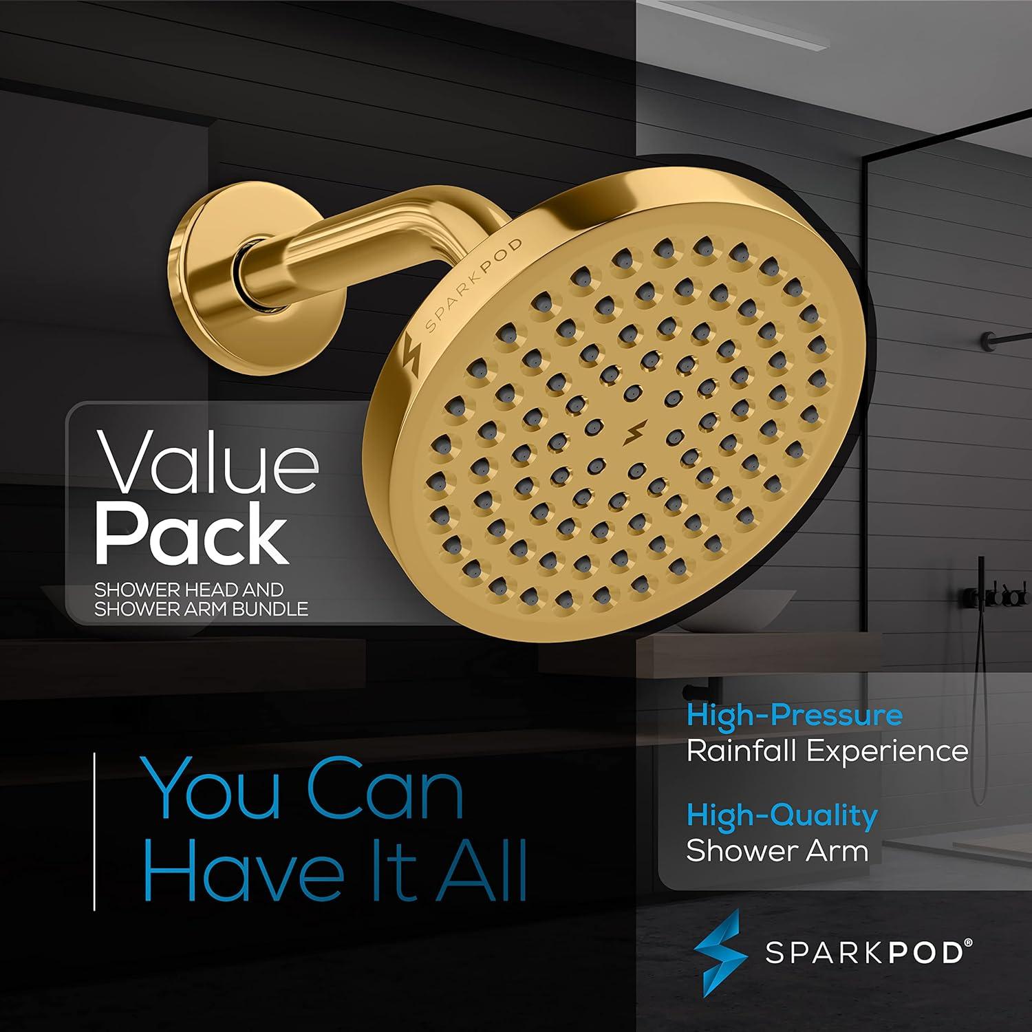 SparkPod 6" Rain Shower Head with 6" Shower Arm - High Pressure Rain - Luxury Modern Look - No Hassle Tool-less 1-Min Installation - Water Saving Shower Head - Luxury Spa Experience (Egyptian Gold)