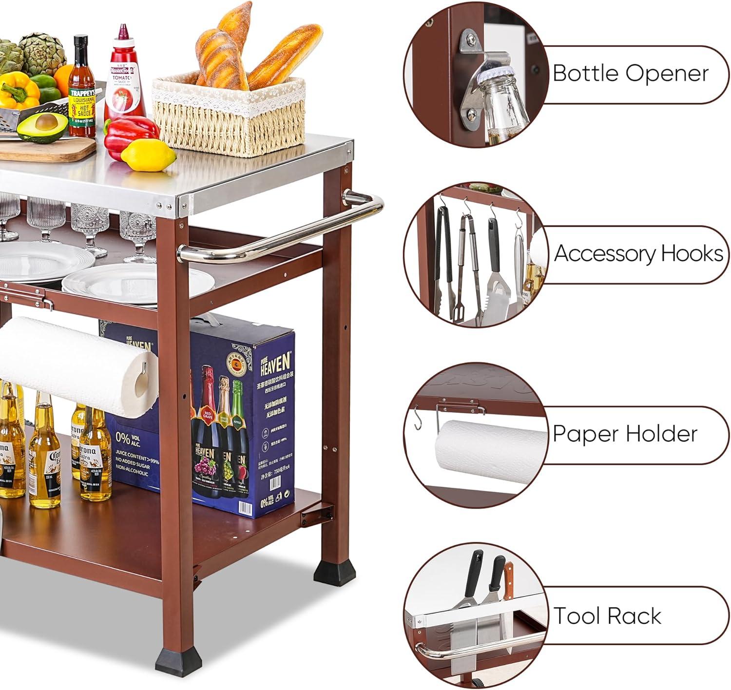 Three-Shelf Red and Stainless Steel Outdoor Grill Cart