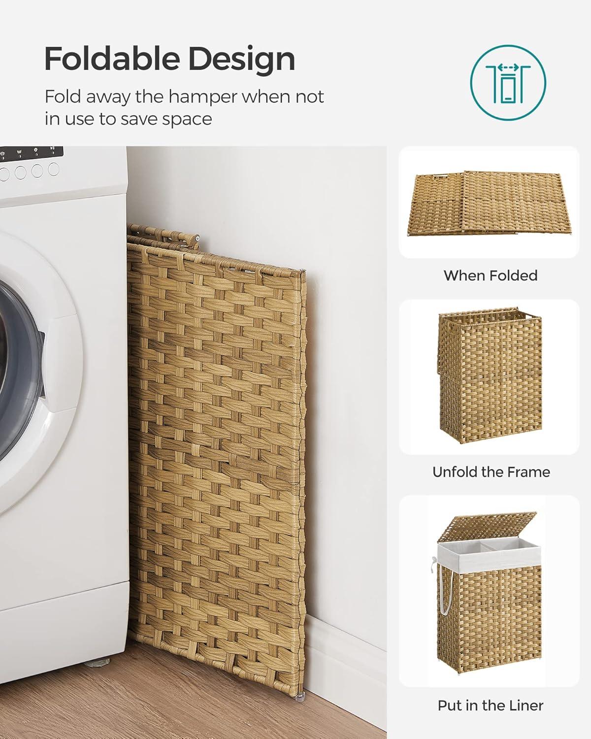 Natural Wicker Collapsible Laundry Hamper with Lid and Liners