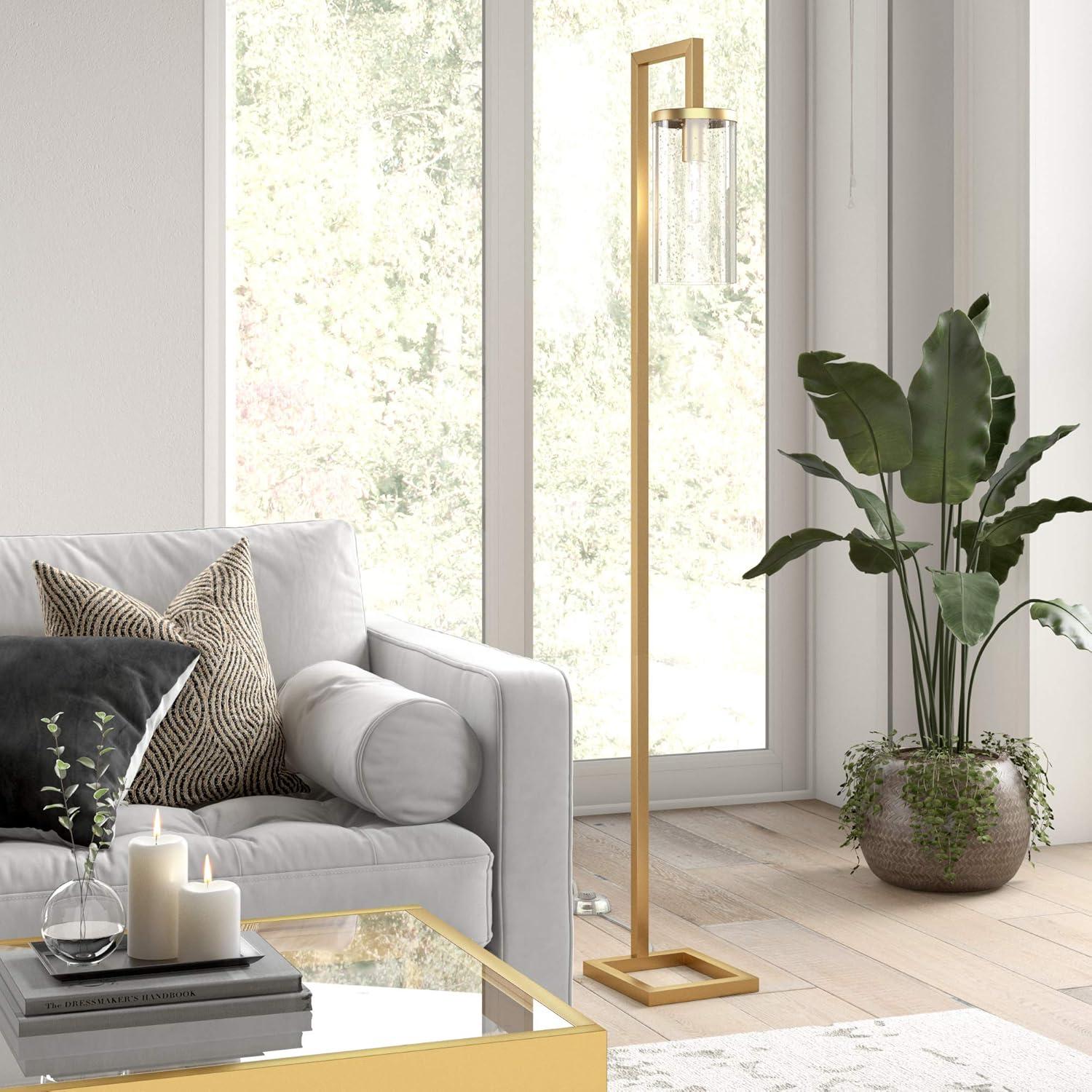 Brass and Pulegoso Glass Arc Floor Lamp