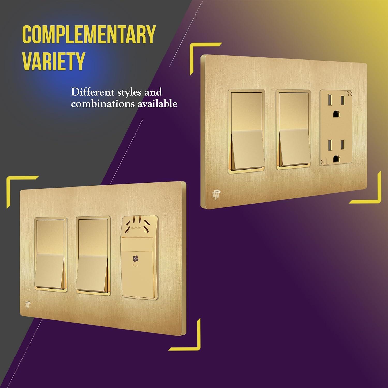 ENERLITES Elite Series Screwless Decorator Wall Plate Child Safe Outlet Cover, Gloss Finish, Size 3-Gang 4.68" H x 6.53" L, Unbreakable Polycarbonate Thermoplastic, SI8833-BGD, Brushed Gold