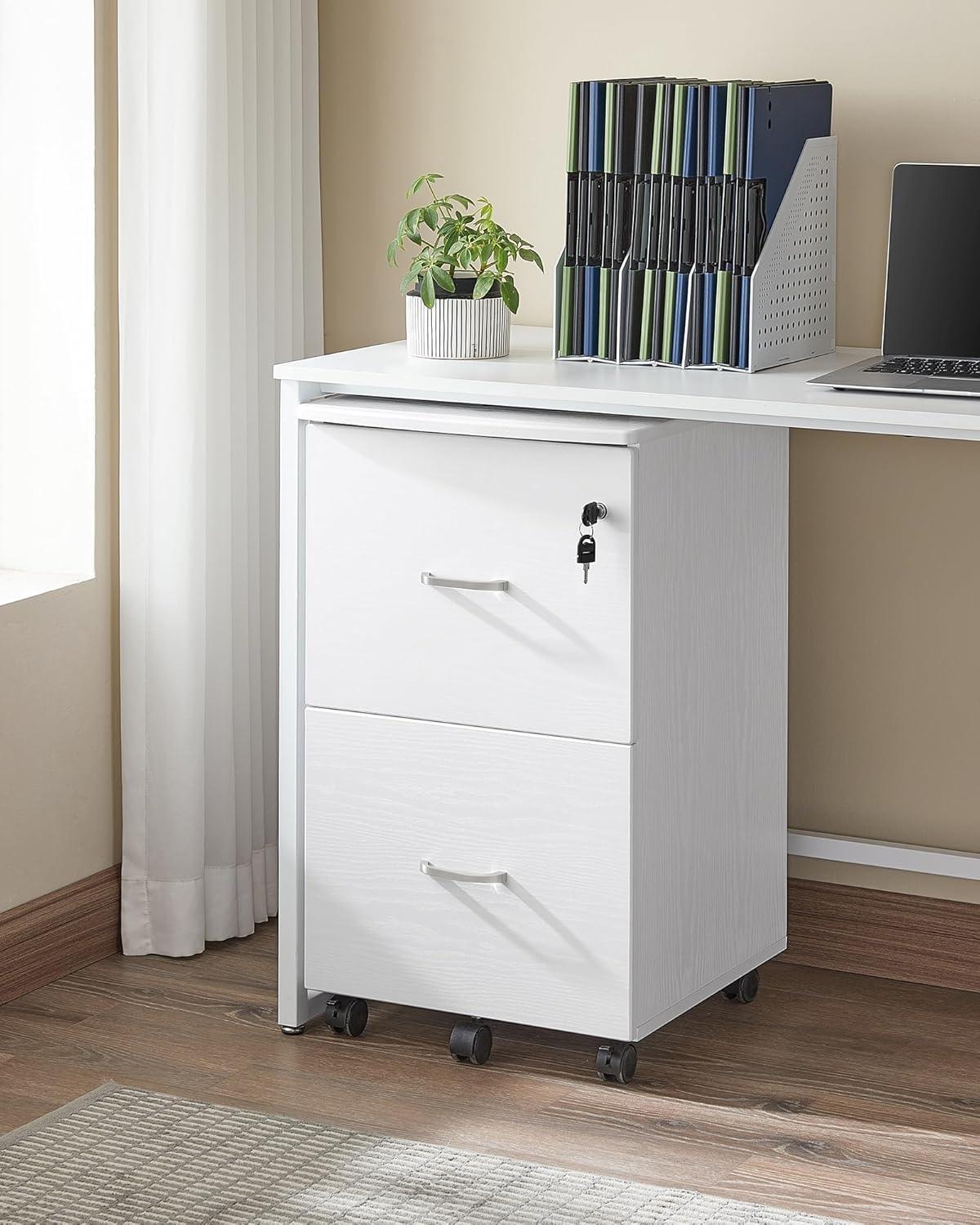 White Mobile 2-Drawer Lockable File Cabinet with Metal Handles