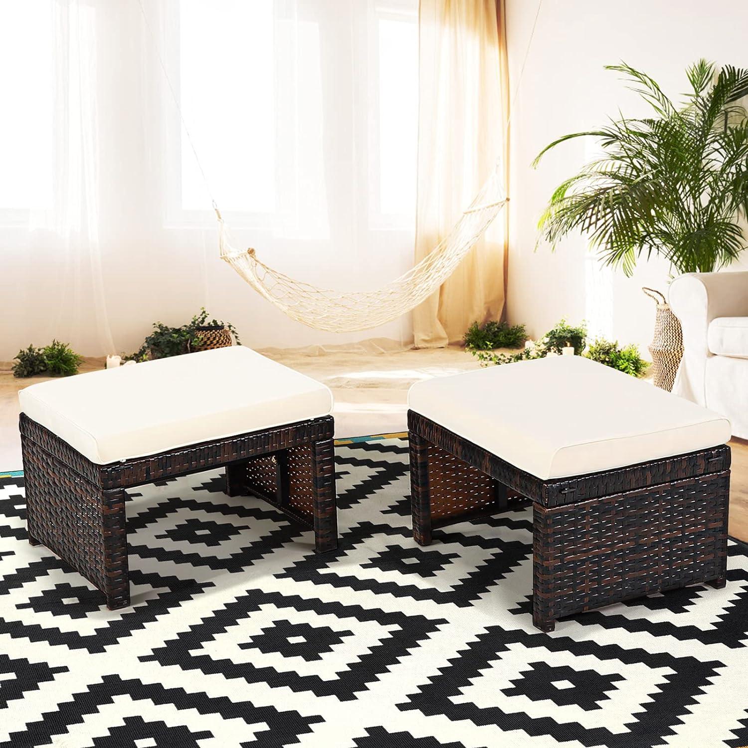 White PE Rattan Outdoor Ottomans with Cushions, Set of 2