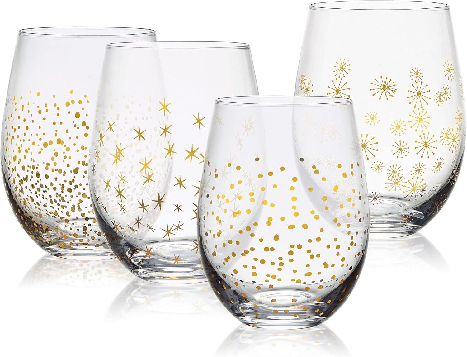 Gold and Silver Glitter Stemless Wine Glasses Set of 4