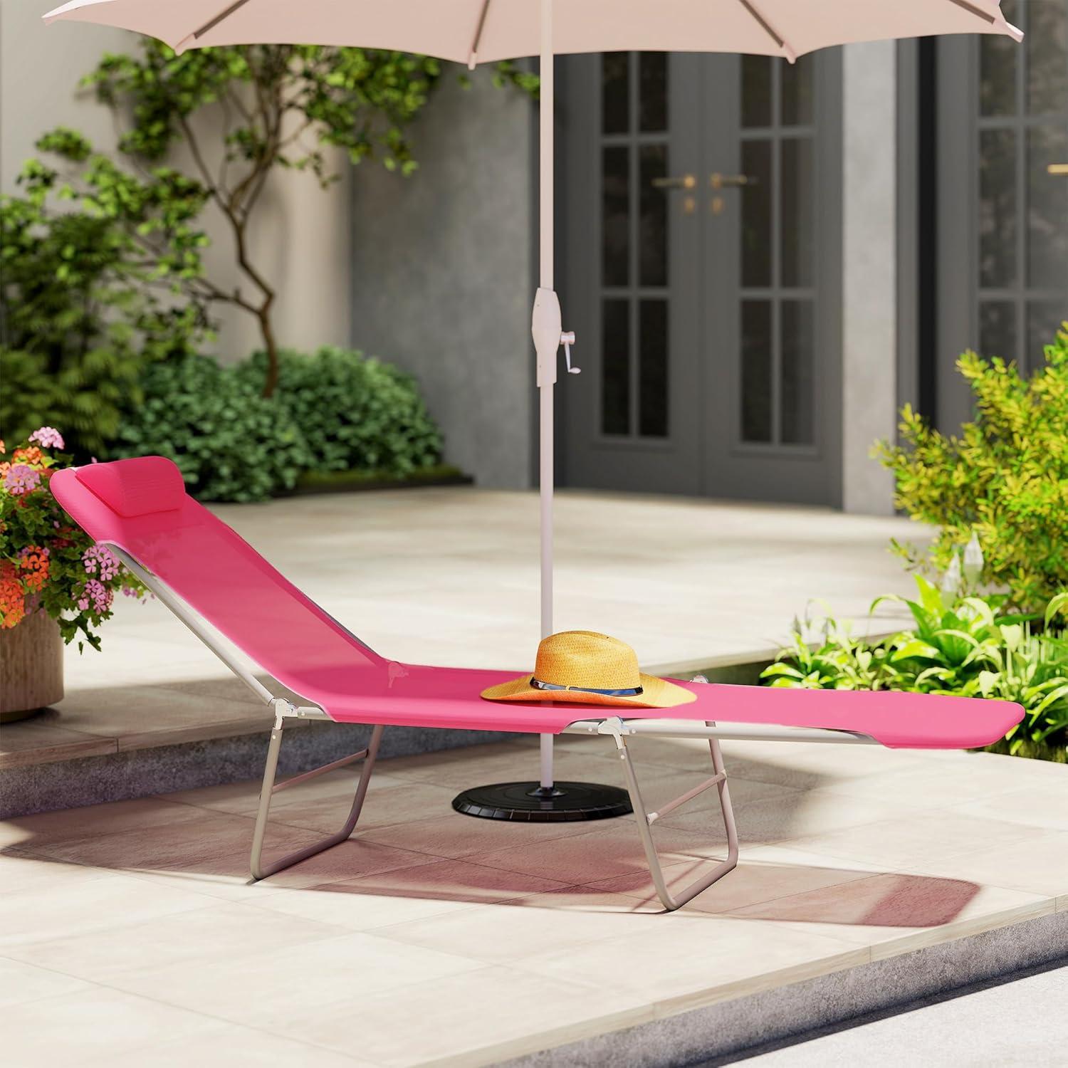 Outsunny Foldable Outdoor Chaise Lounge Chair, 5-Level Reclining Camping Tanning Chair with Breathable Mesh Fabric and Headrest, Pink