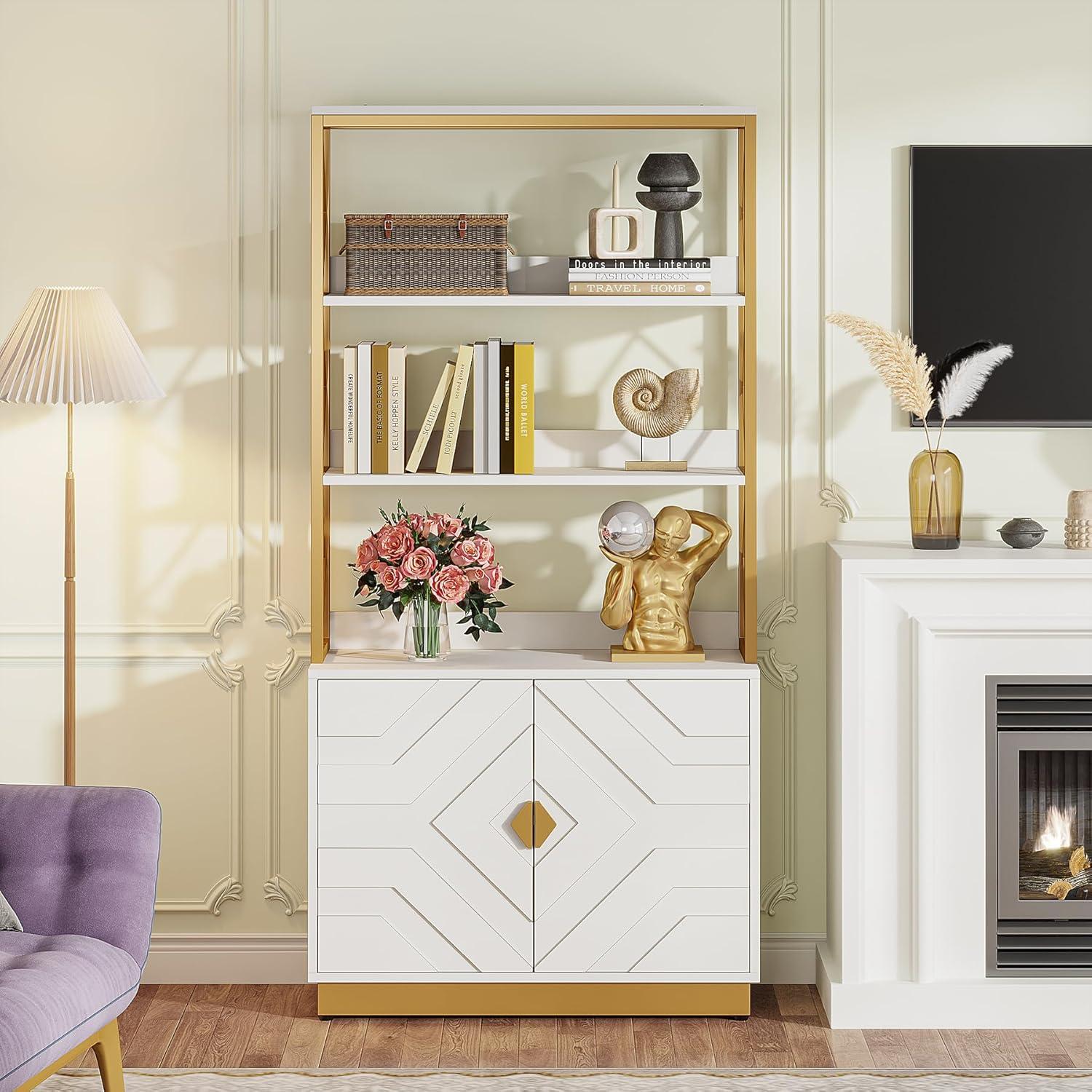 Tribesigns 71" Tall Etagere Bookcase with 3 Shelves 2 Cabinets, White and Gold Bookshelf with Doors, Modern Open Display Bookshelf for Living Room Bedroom Office