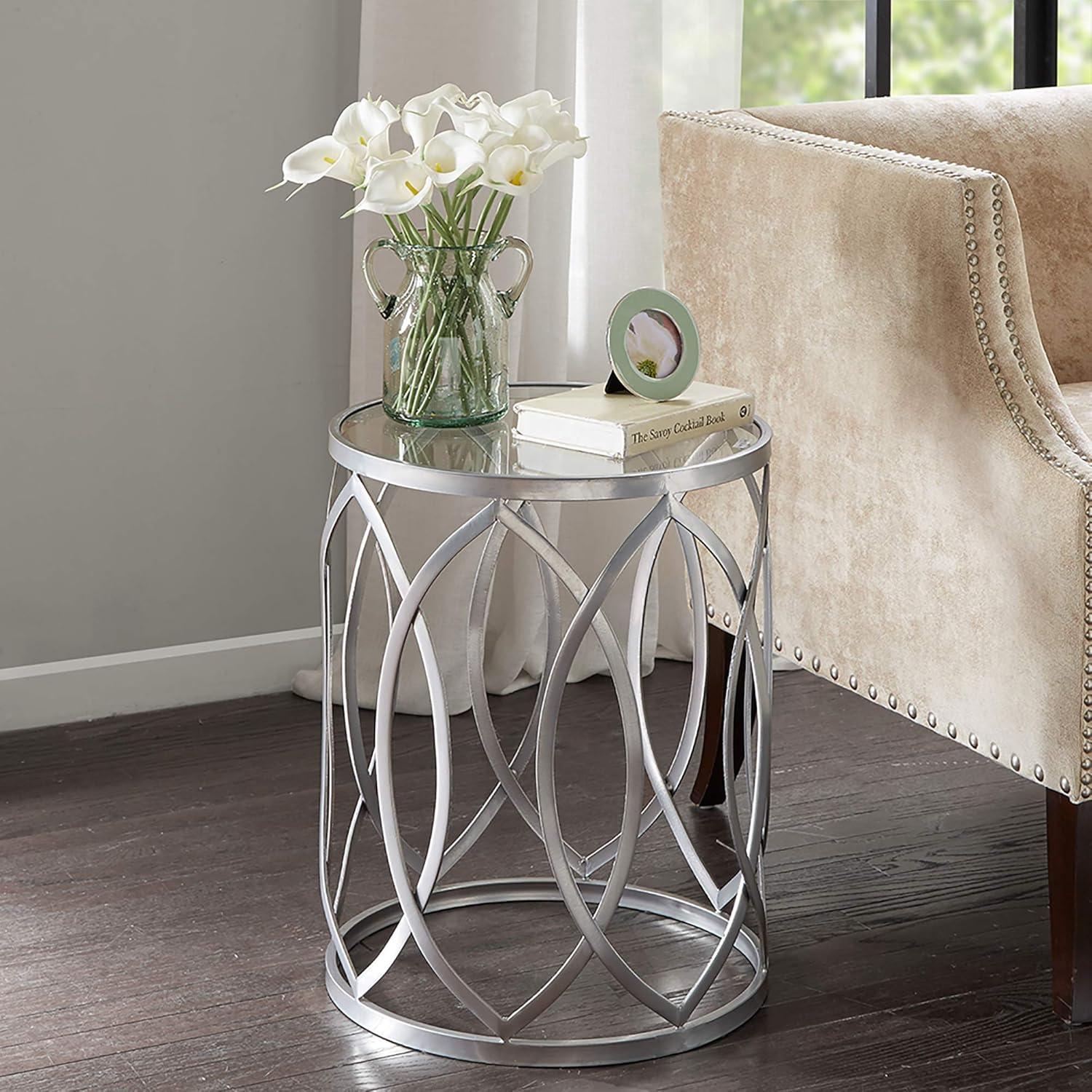 Gaige Metal Eyelet Accent Table - Pewter: Modern Round End, Tempered Glass Top, No Assembly Required