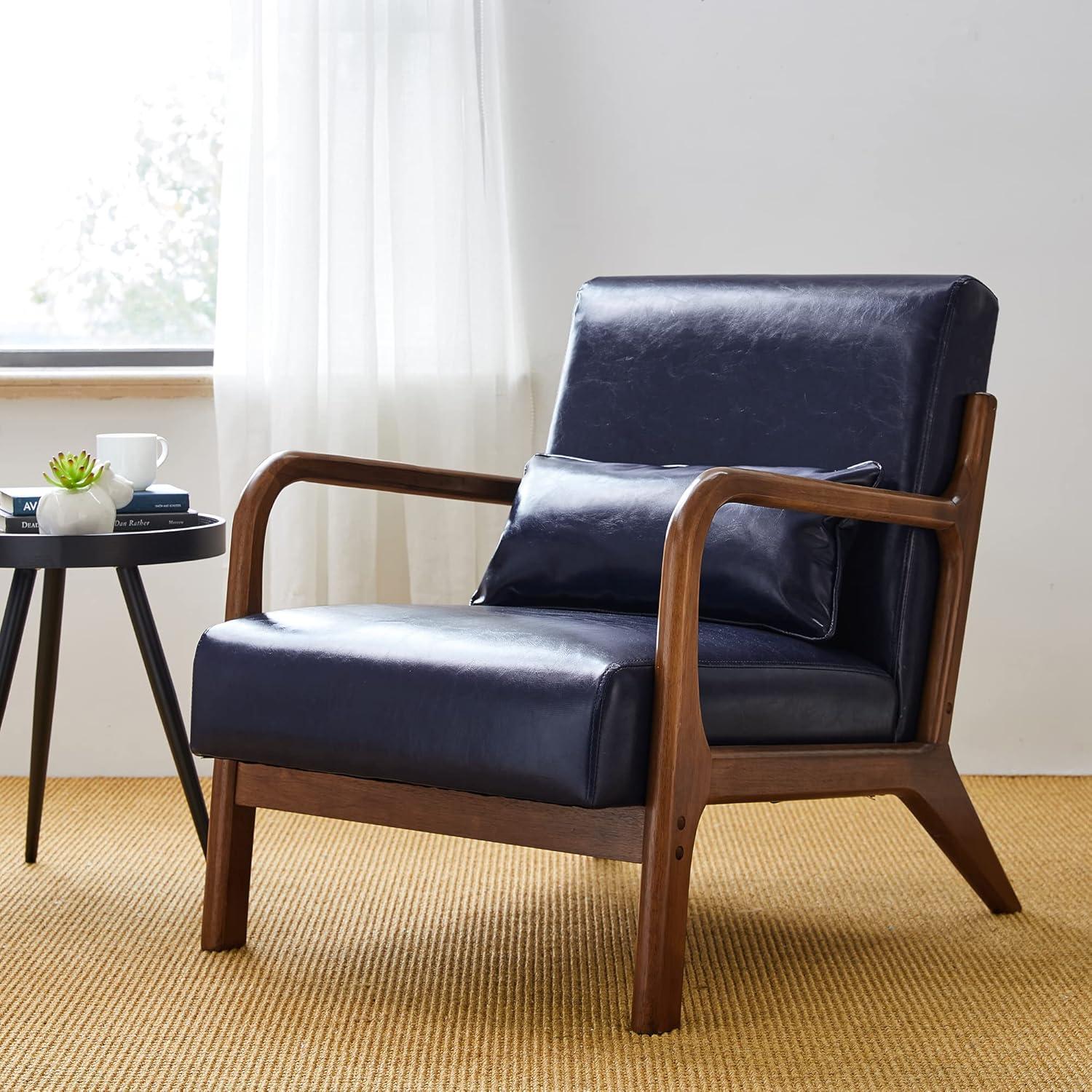 Mid-Century Modern Leatherette Arm Accent Chair Walnut Rubberwood Frame Navy Blue - Glitzhome: PU Upholstery, Tapered Legs, Office/Home Use