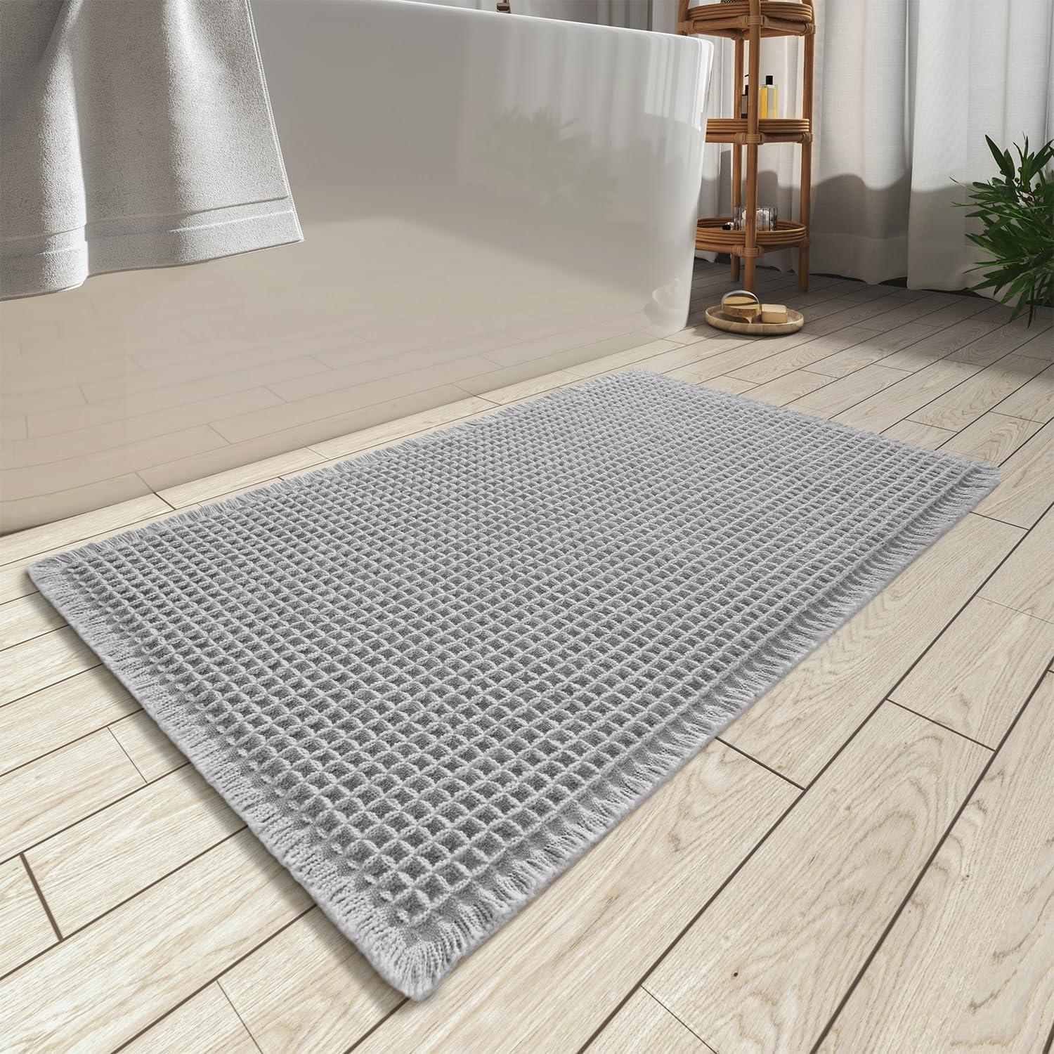 SHIMOH Waffle Bath Mat, Super Absorbent Non-Slip Bath Mats for Bathroom Floor, Machine Washable Bathroom Rugs with Tassels, Rubber Backed Bathroom Mats, Ultra Soft. (Light Gray, 18"X30")