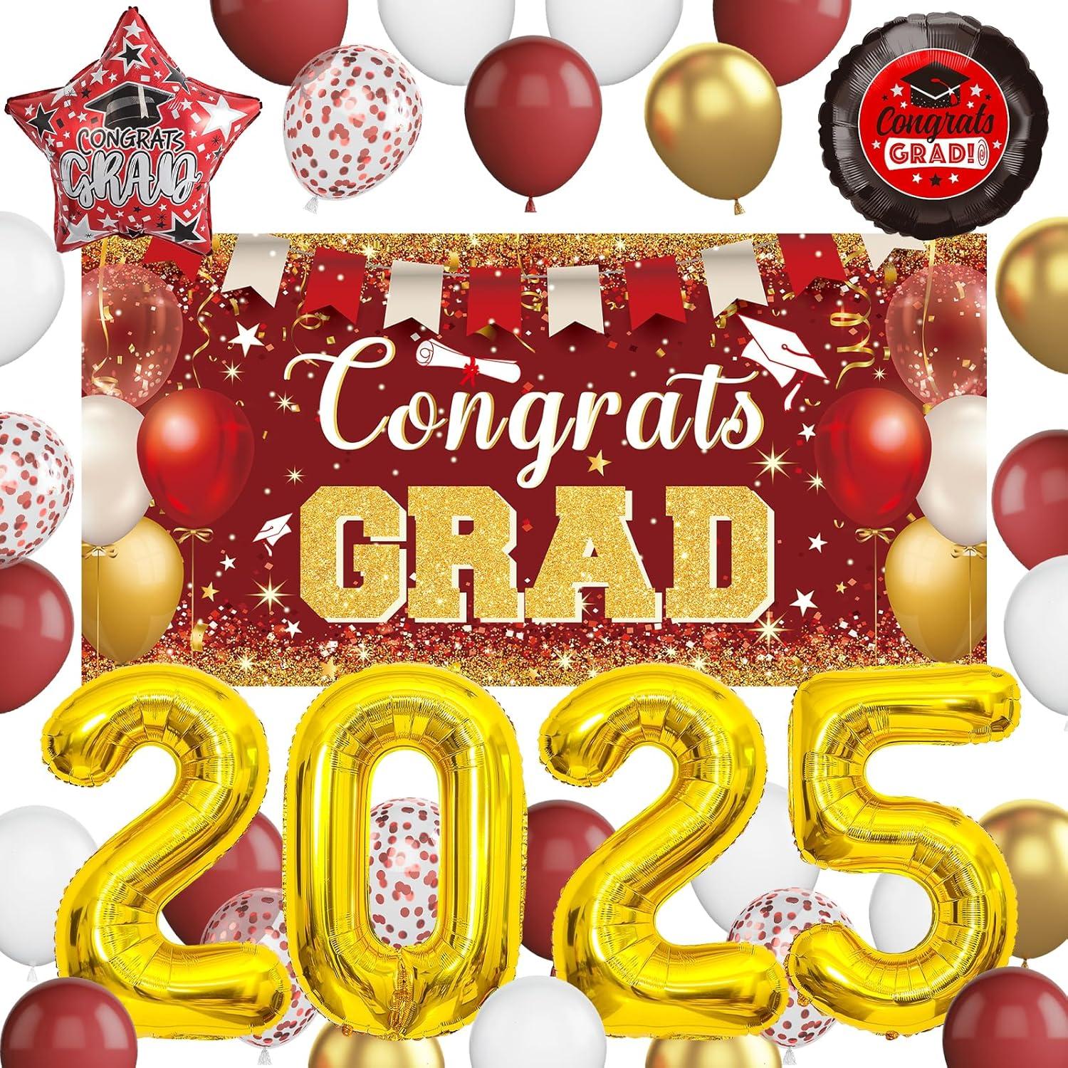 2025 Graduation Party Decoration, Red Gold Themed Set with Congrats Grad Banner, Balloons, Foil Number 2025 for Class of 2025 Graduation Party Supplies