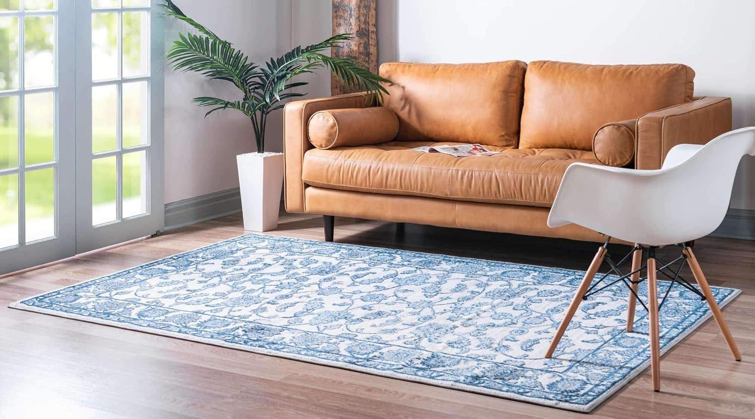 White Blue Floral Rectangular Synthetic Easy Care Rug