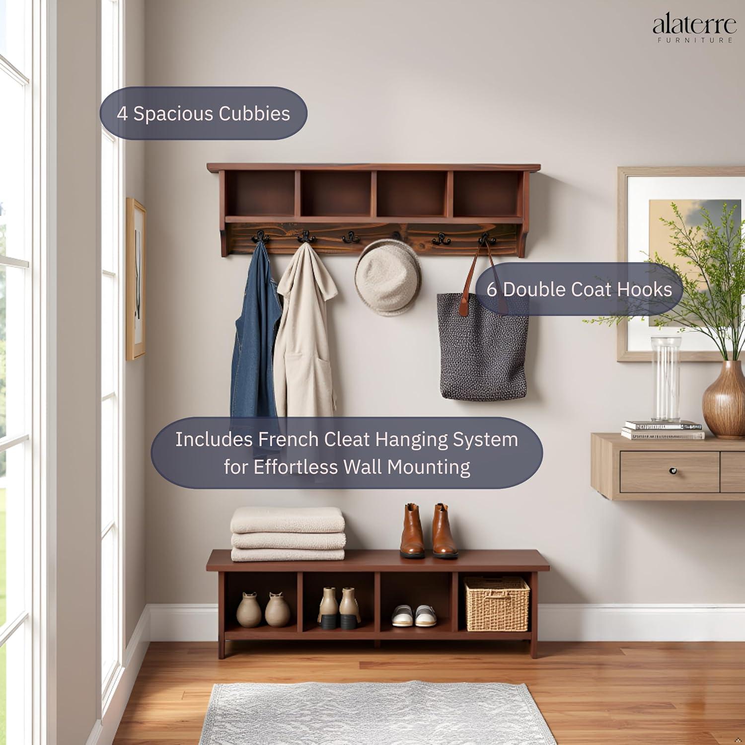 Alaterre Furniture Pomona Industrial 48 in. Solid Wood & Metal Coat-Rack With 6 Strong Coat Hooks and 4 Cubbies