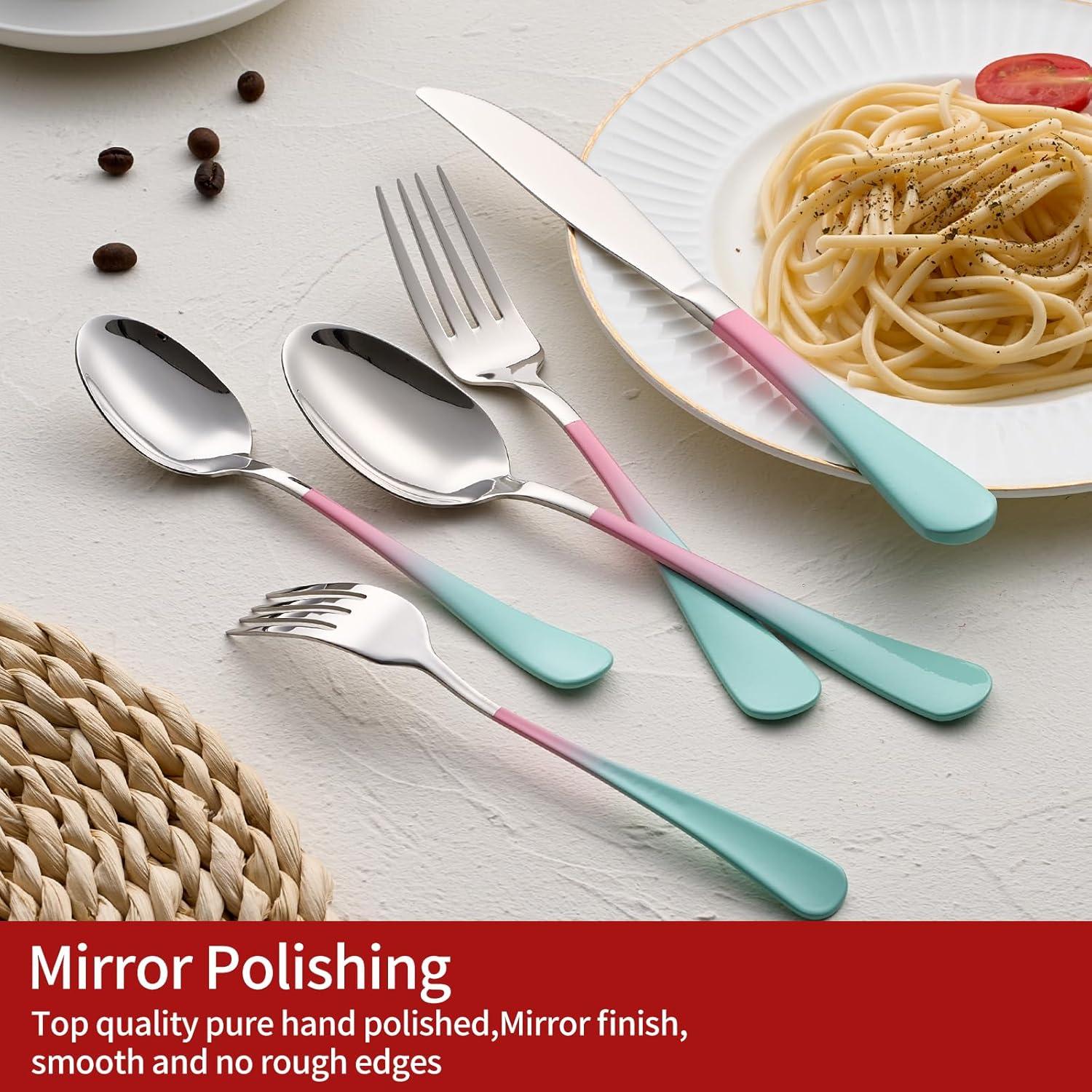 20-Pieces color Silverware Sets for 4,Pink and Green Handle Stainless Steel Cutlery Set, Include Forks Spoons and Knives Set, Dishwasher Safe Utensil Sets for Home Restaurant