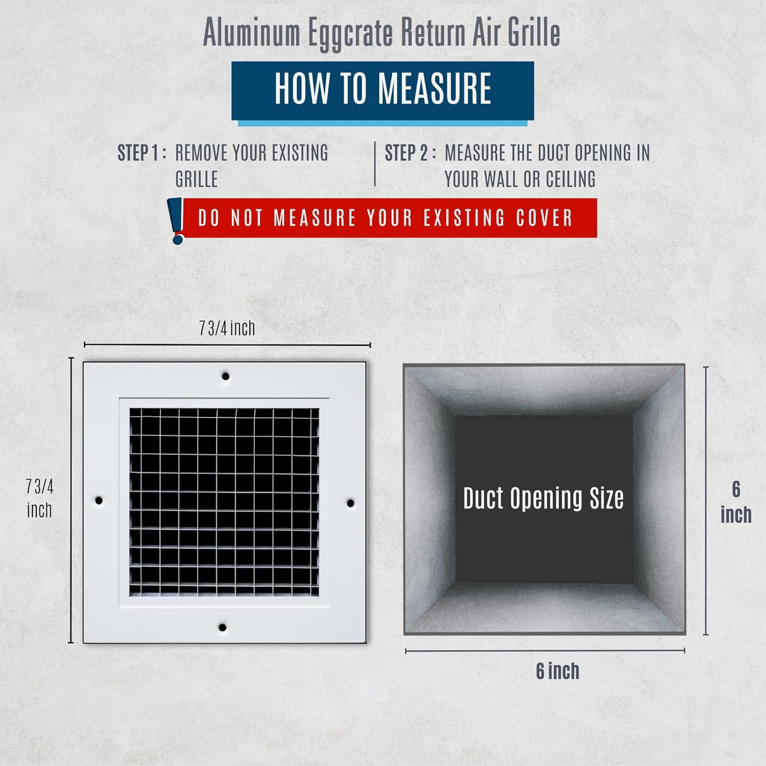 Fits 6x6 Duct Opening | Aluminum Eggcrate Return Air Grille | Low Noise & High Air Flow, Rust Proof Vent Cover Grill for Sidewall & Ceiling | White | Outer Dimensions: 7.75" X 7.75"