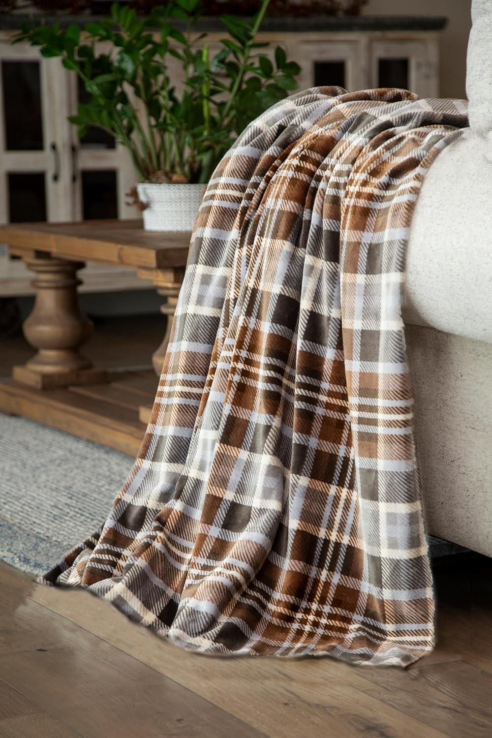 Autumn Plaid Fleece and Sherpa Reversible Throw Blanket