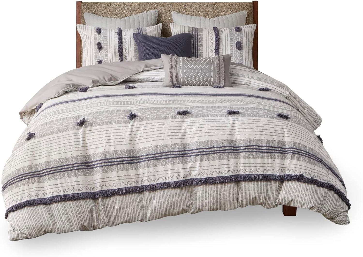 Ink+Ivy 3pc Full/Queen Cody Cotton Duvet Cover Set Gray/Navy: Woven Stripe, Lightweight, OEKO-TEX Certified