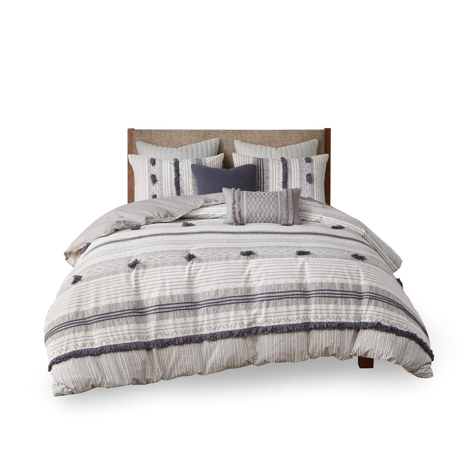 Ink+Ivy 3pc Full/Queen Cody Cotton Duvet Cover Set Gray/Navy: Woven Stripe, Lightweight, OEKO-TEX Certified
