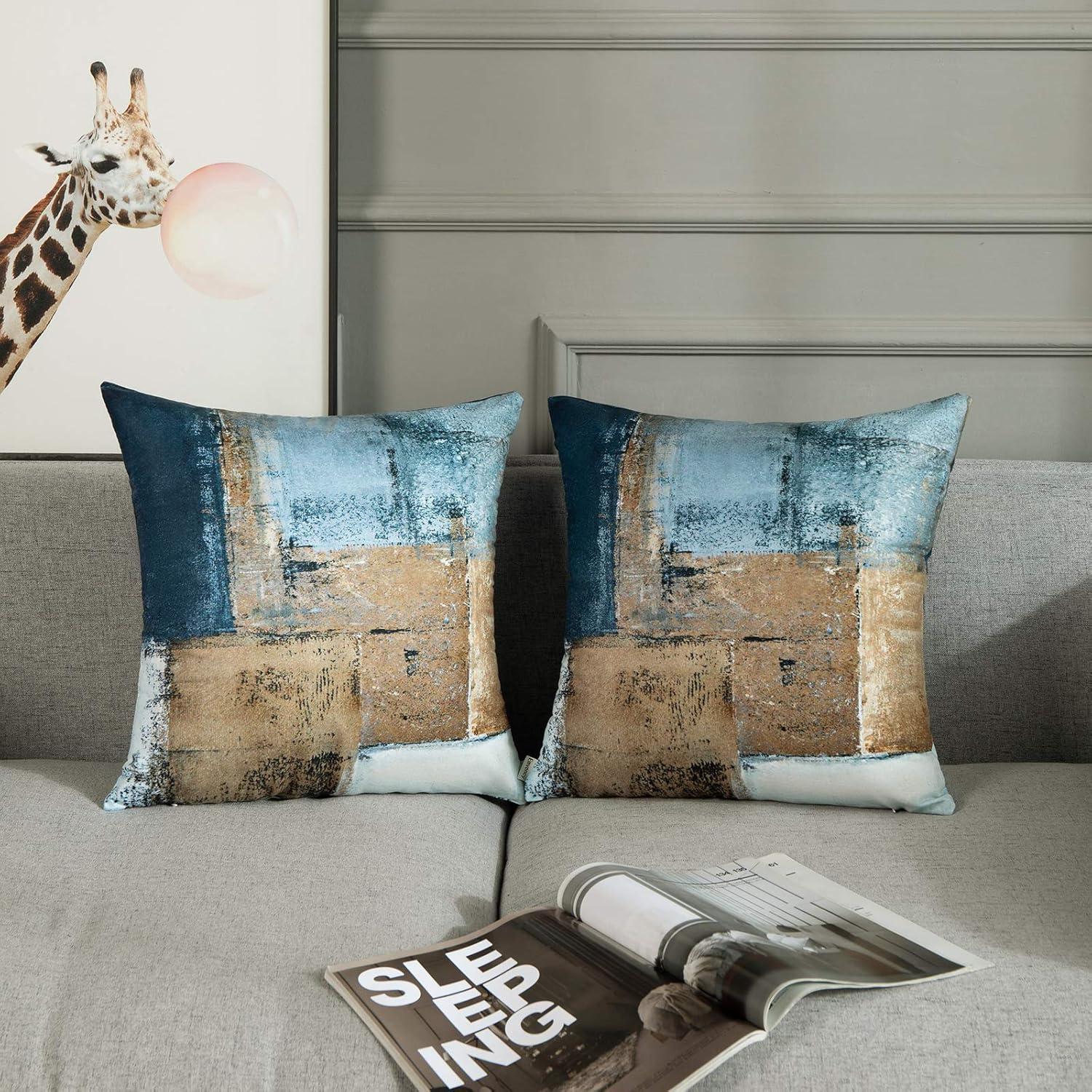 Britimes Throw Pillow Covers Modern Home Art Decor, 18 x 18 Inches Set of 2 Pillow Cases Decorative, Abstract Oil Painting Pillowcases for Bedroom, Living Room, Cushion Couch Sofa, Brown Blue