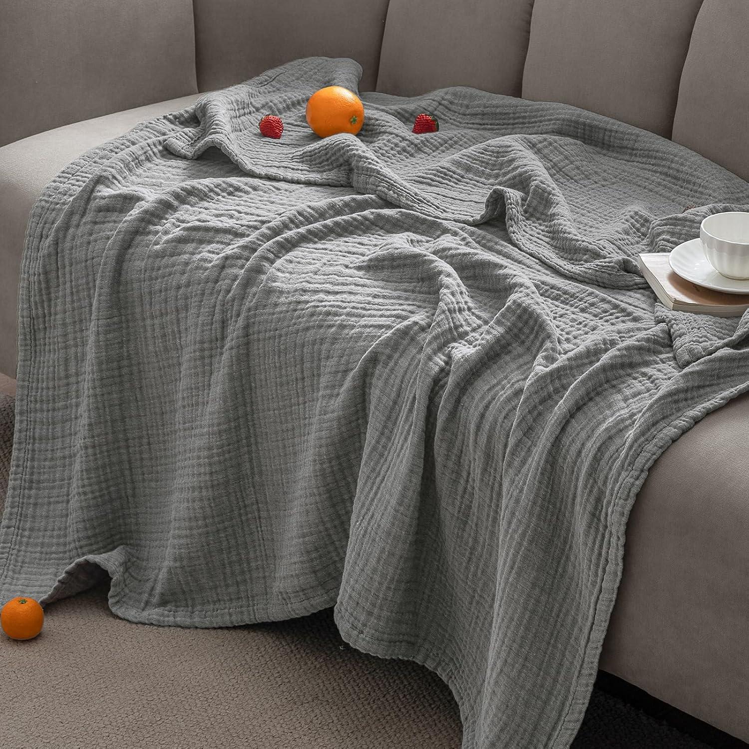 PHF 100% Cotton Muslin Blanket King Size 108" x 90", 4-Layer Lightweight and Breathable Blanket for Summer, Luxuriously Soft Gauze Bedding for Bed, Natural Minimalism Style, Ideal, Gift Grey