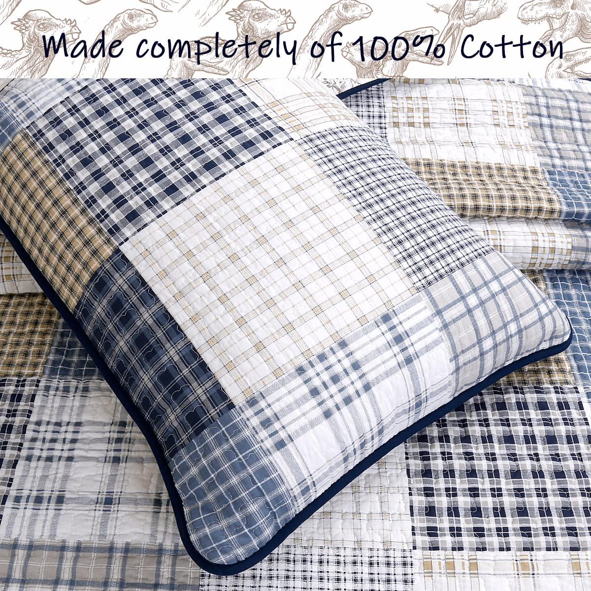 Cozy Line Benjamin Cute Dinosaur Navy Blue White Grey Plaid cotton Quilt, Twin - Reversible