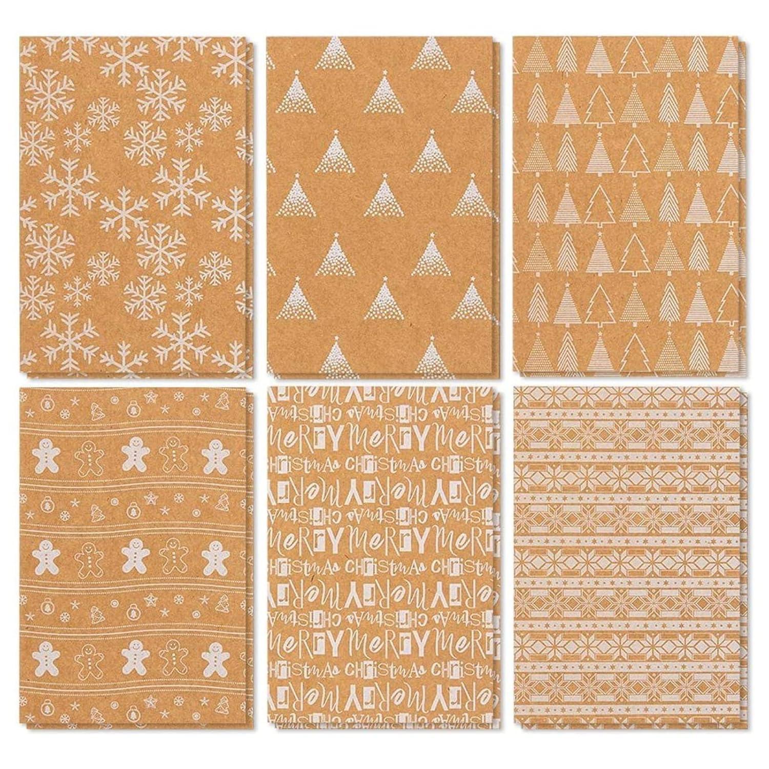 BEST PAPER GREETINGS 36 Pack Kraft Cute Christmas Greeting Cards with Envelopes, 4x6 Bulk Holiday Note Cards for Winter Holiday Xmas Season, 6 White Print Festive Designs