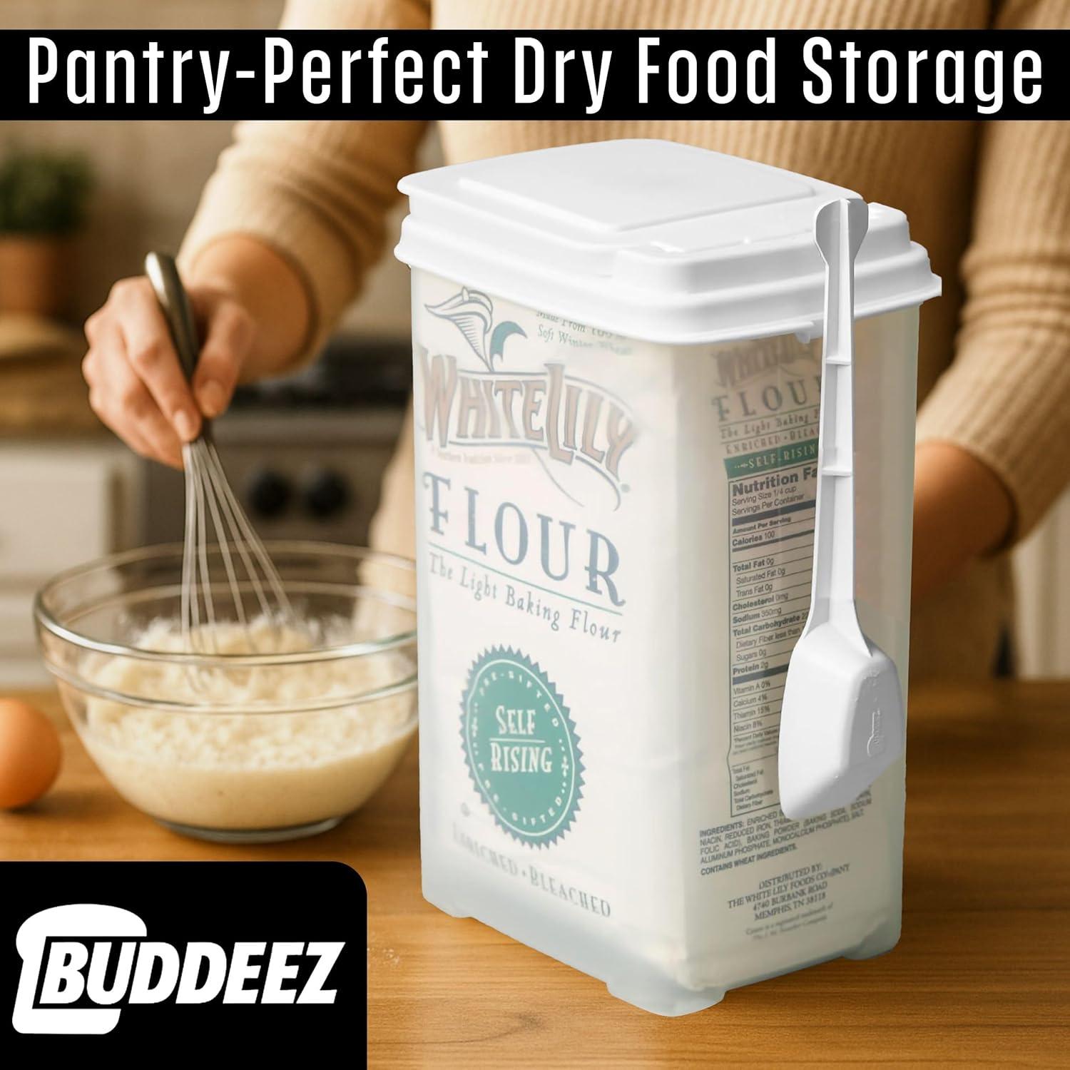 Buddeez Flour and Sugar Container - 3.75 Quart All Purpose Kitchen Organization and Storage Unit, Large Food Storage Container For Kitchen and Organizing Your Pantry (with Scoop)