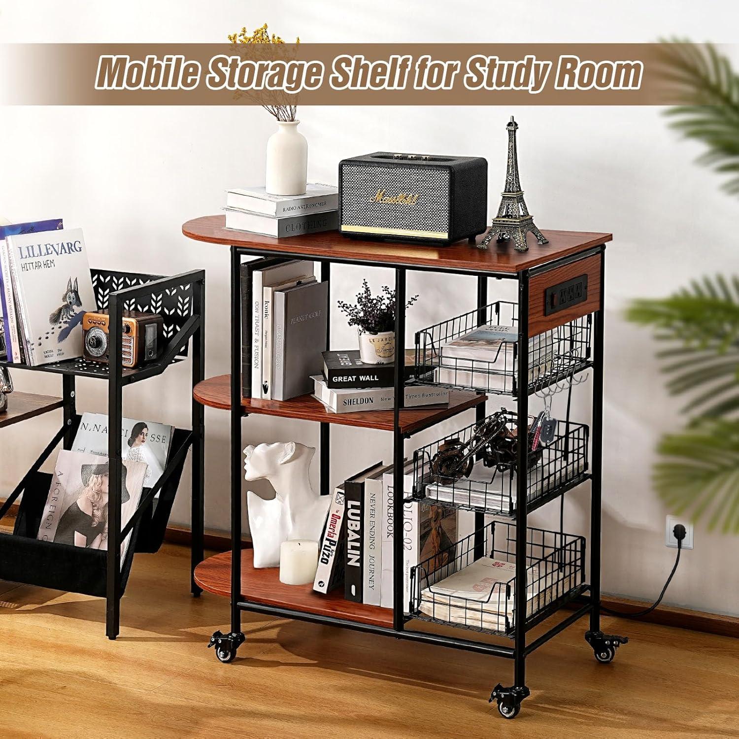 Kitchen Bakers Rack with Power Outlet, Microwave Stand with 3 Pull-Out Fruit Basket Storage, Coffee Bar Carts Table on 4 Wheels, 6 S-Hook Storage Shelf for Spice Rack Organizer Workstation, 33.9 inch