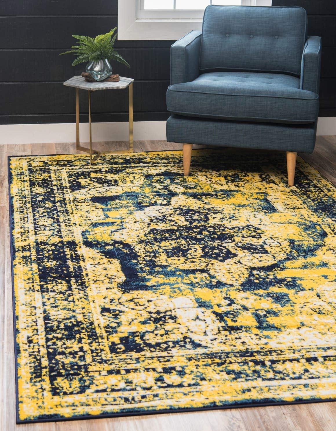 Navy Blue and Yellow Synthetic Reversible Area Rug