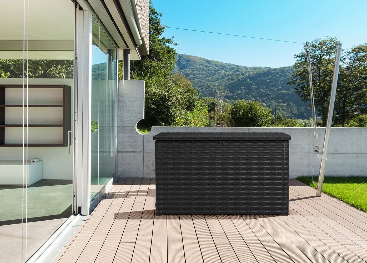 Keter Java XXL 230 Gallon Resin Rattan Look Large Outdoor Storage Deck Box for Patio Furniture Cushions, Pool Toys, and Garden Tools, Grey