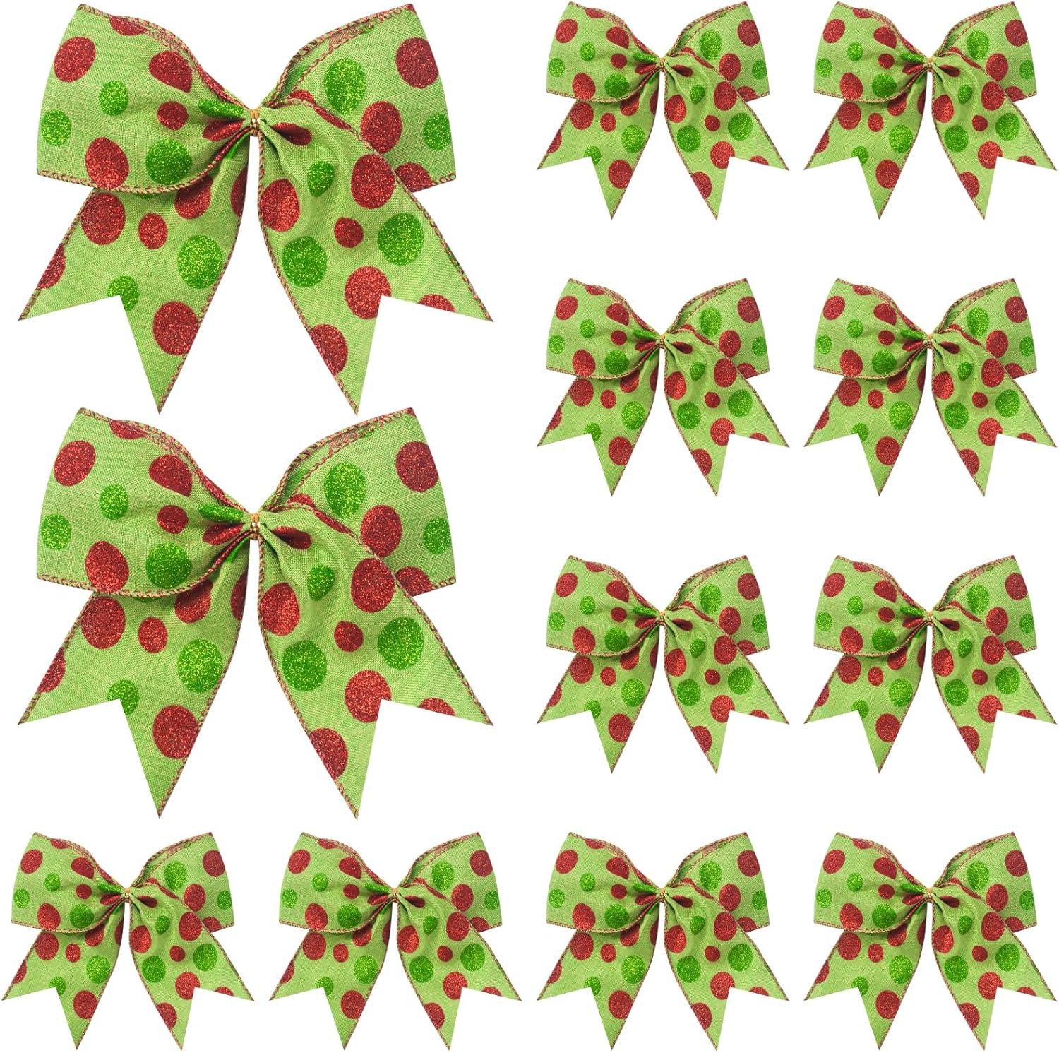 Sandistore Cute Cars 12pcs Christmas Tree Bows Ornaments 6 Inch Large Christmas Wreath Bows Red Green Xmas Tree Bows Christmas Glitter Dot Bows Ribbons Decoration For Garland Diamonds for Crafts