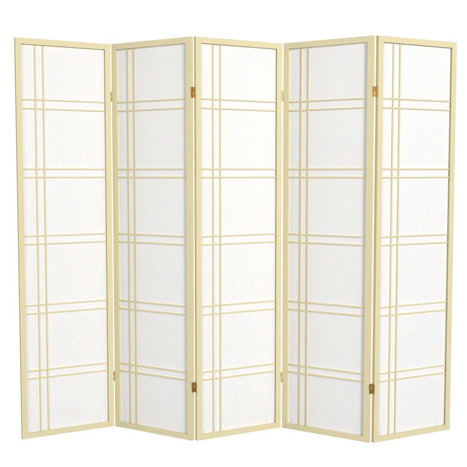 Oriental Furniture 6 Ft Tall Double Cross Shoji Screen Special Edition, 5 panel, ivory color