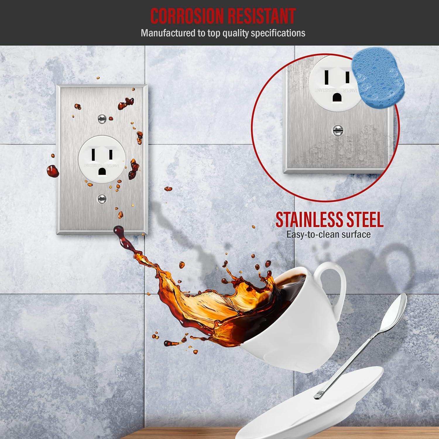 ENERLITES 1.406" Hole Single Receptacle Outlet Metal Wall Plate, Corrosive Resistant, Over Size 1-Gang 5.5" x 3.5", 7751O, 430 Stainless Steel, UL Listed, Silver