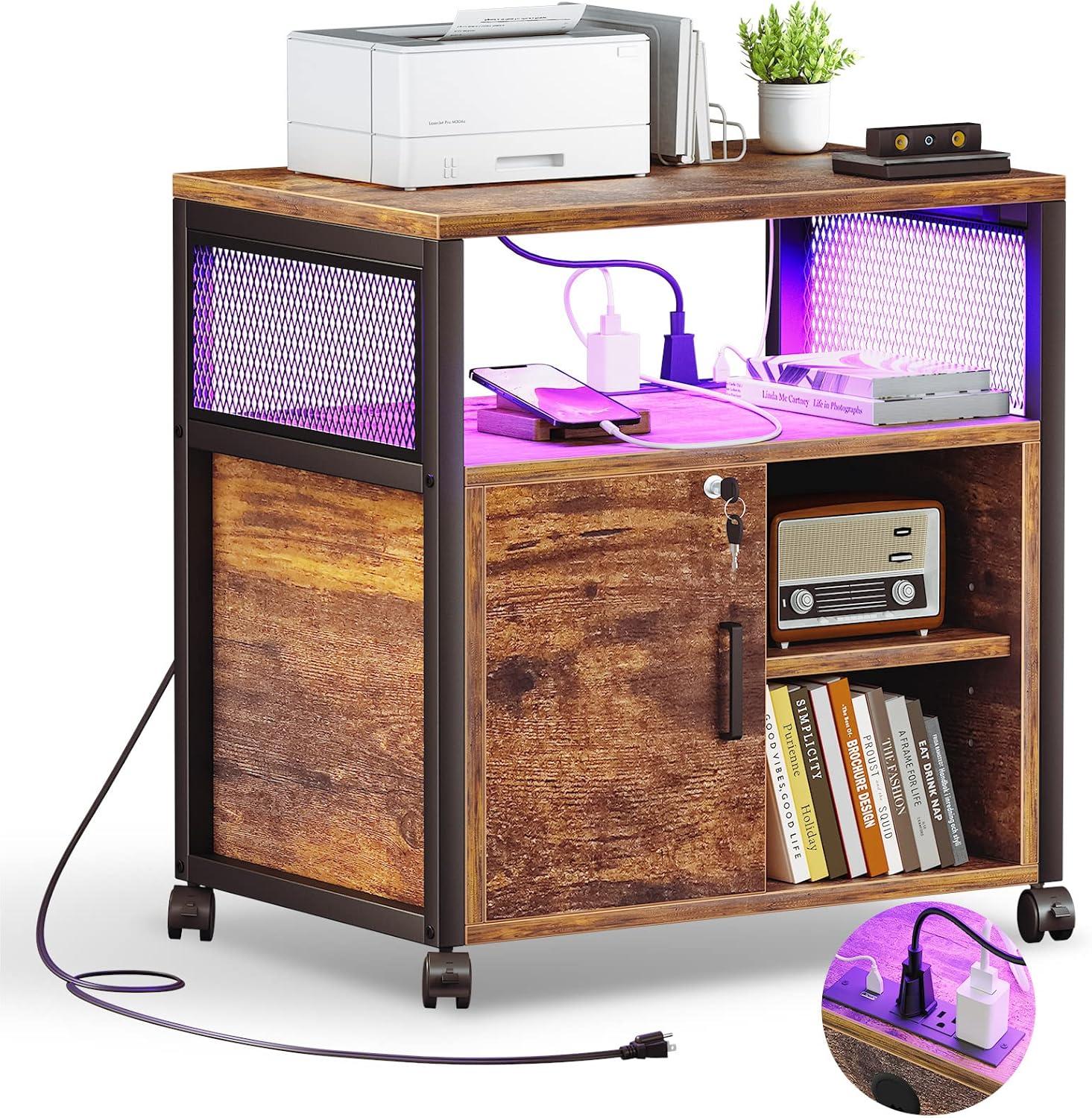 File Cabinet, Locking Office Filing Cabinets with Socket and USB Charging Port, Modern Rolling Printer Stand with Storage for Printer Scanner Fax Home Office Use with Wheels,Brown