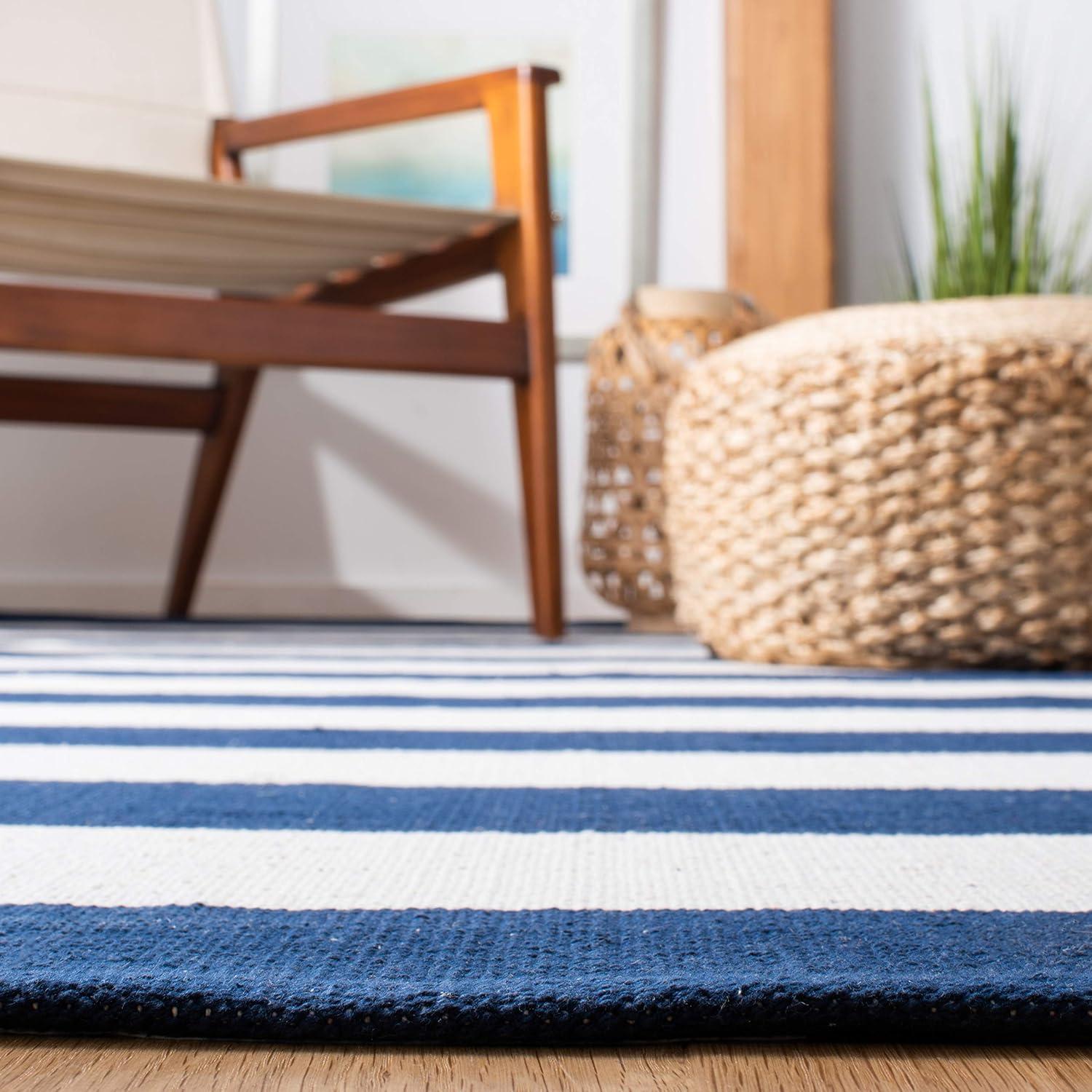 Handwoven Ivory and Navy Cotton Stripe Accent Rug - 2'3" x 5'