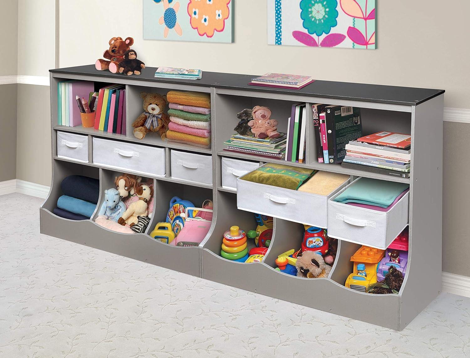 Versatile Gray Woodgrain Storage Unit with Baskets for Kids