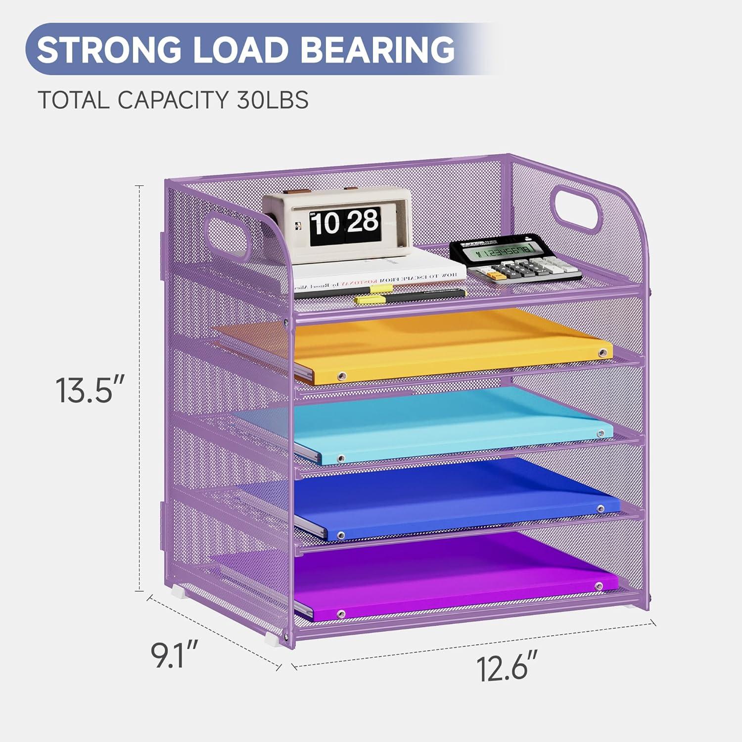 Marbrasse Paper Organizer Letter Tray, 5 Tier Mesh File Organizer with Handle, Paper Sorter Desk Organizer for Home Office Supplies - Purple