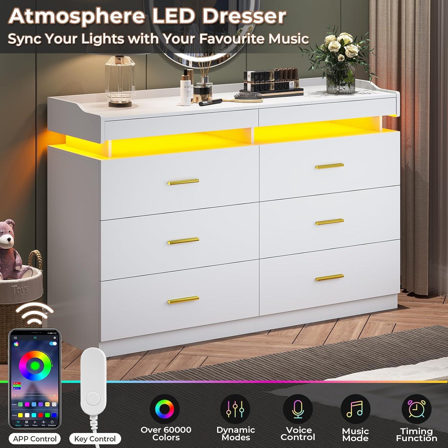 Modern LED Dresser for Bedroom, 6 Drawer Dresser with 2 Pull-Out Trays, Wide Dresser, White