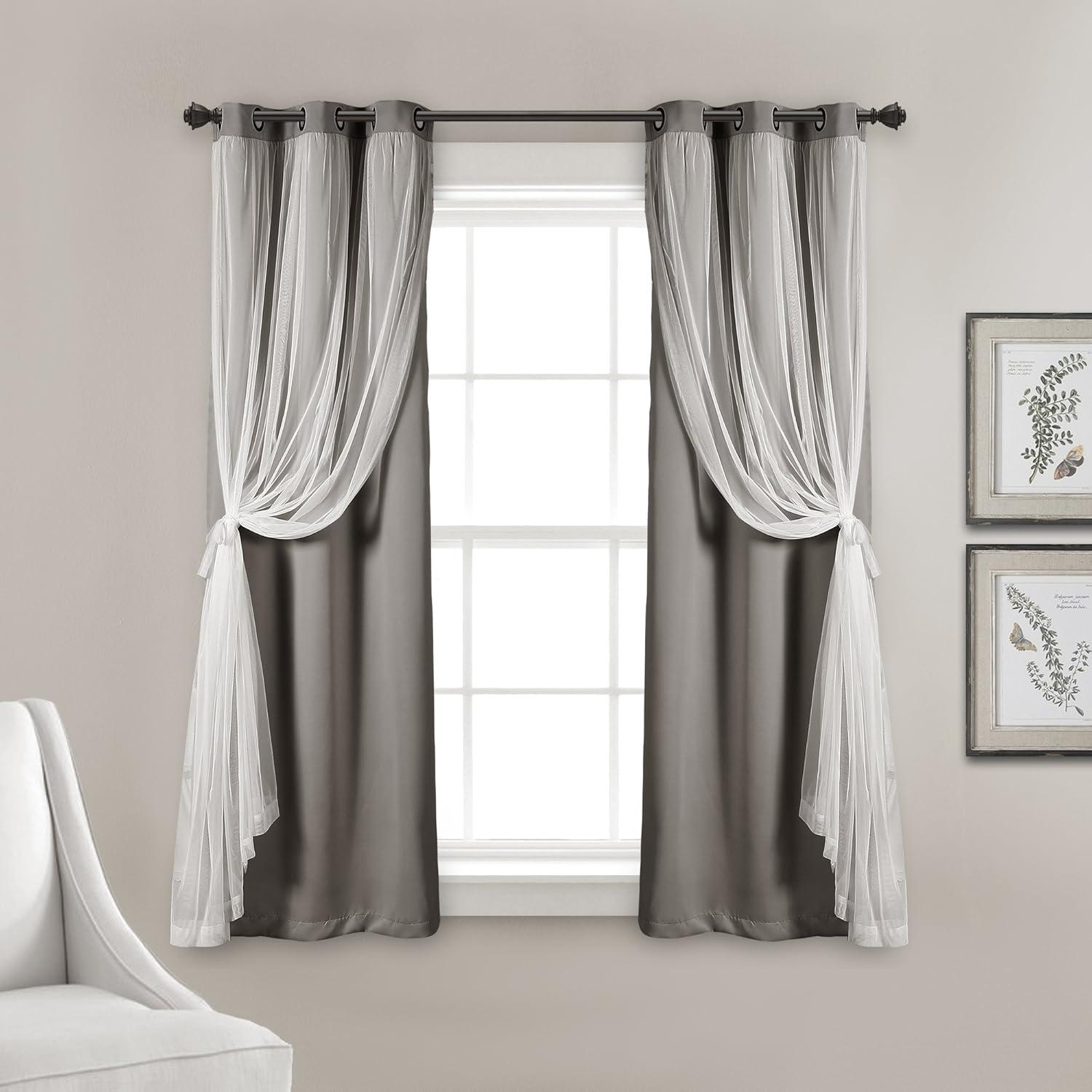 Light Gray Grommet Blackout and Sheer Curtain Panels, 38"W x 45"L