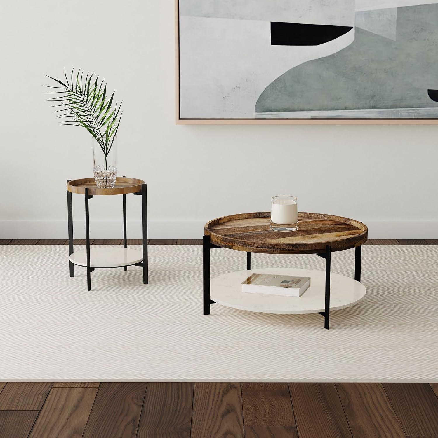 Round Accent Table with Marble Shelf Natural and Black