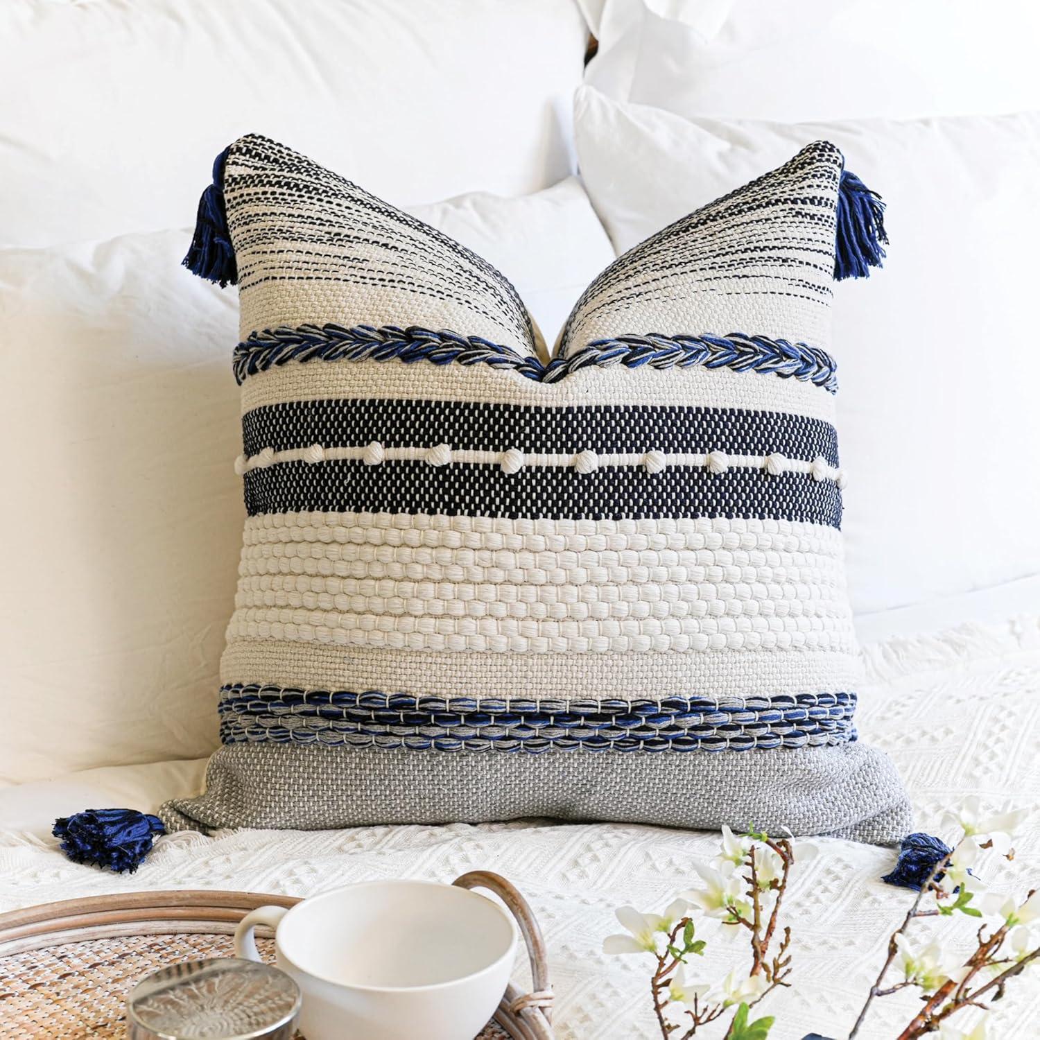 Navy and White Boho Tassel Throw Pillow Cover 20x20