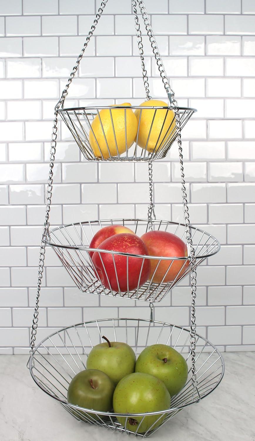 Industrial Silver 3-Tier Steel Hanging Storage Basket