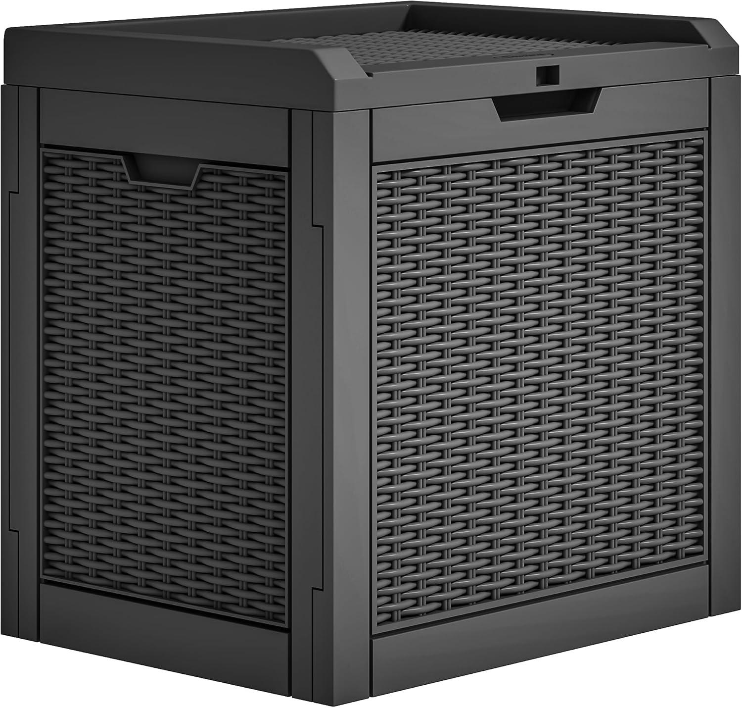 YITAHOME 32 Gallon Rattan Deck Box, Indoor Outdoor Storage Box for Patio Furniture, Pool Accessories, Cushions, Garden Tools, Sports Equipment, Waterproof Resin with Lockable Lid & Side Handles, Black