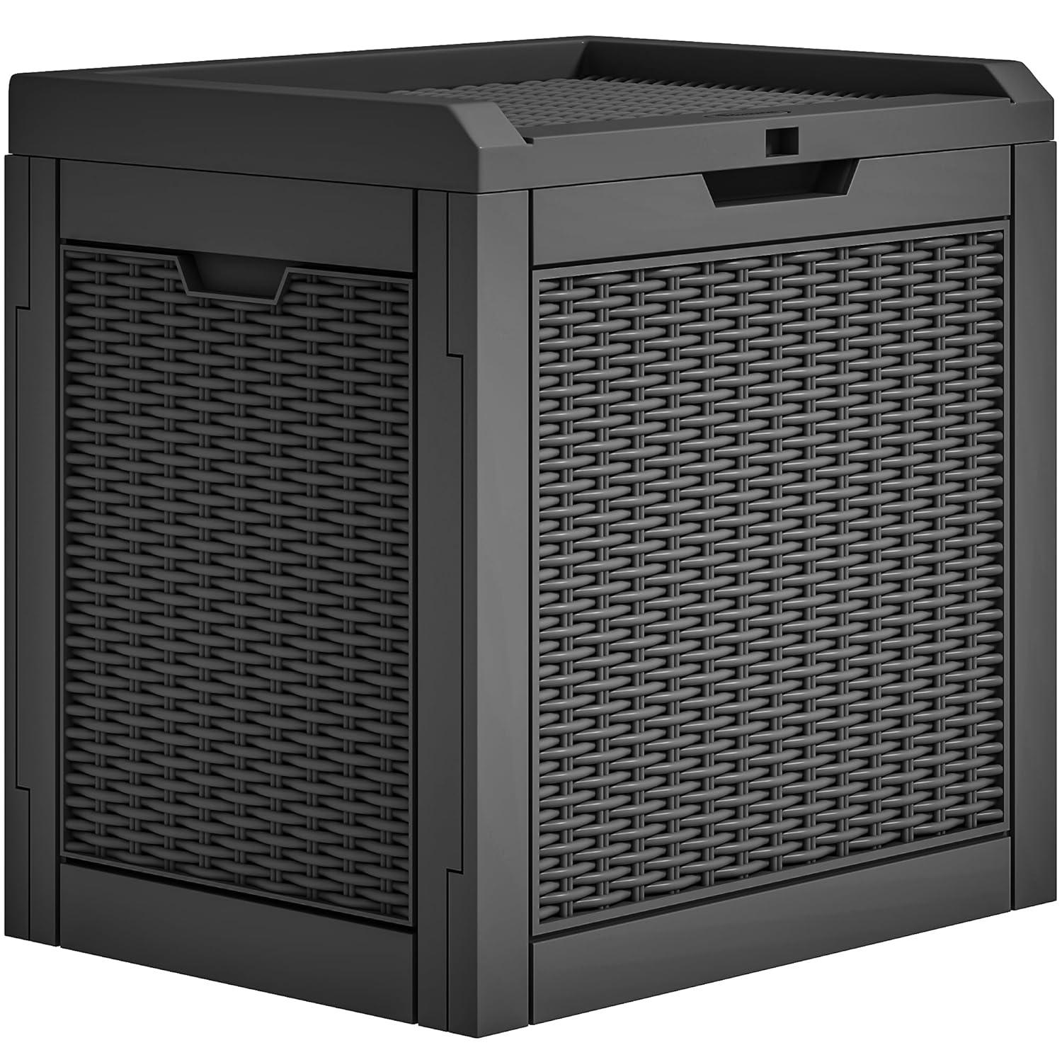 YITAHOME 32 Gallon Rattan Deck Box, Indoor Outdoor Storage Box for Patio Furniture, Pool Accessories, Cushions, Garden Tools, Sports Equipment, Waterproof Resin with Lockable Lid & Side Handles, Black