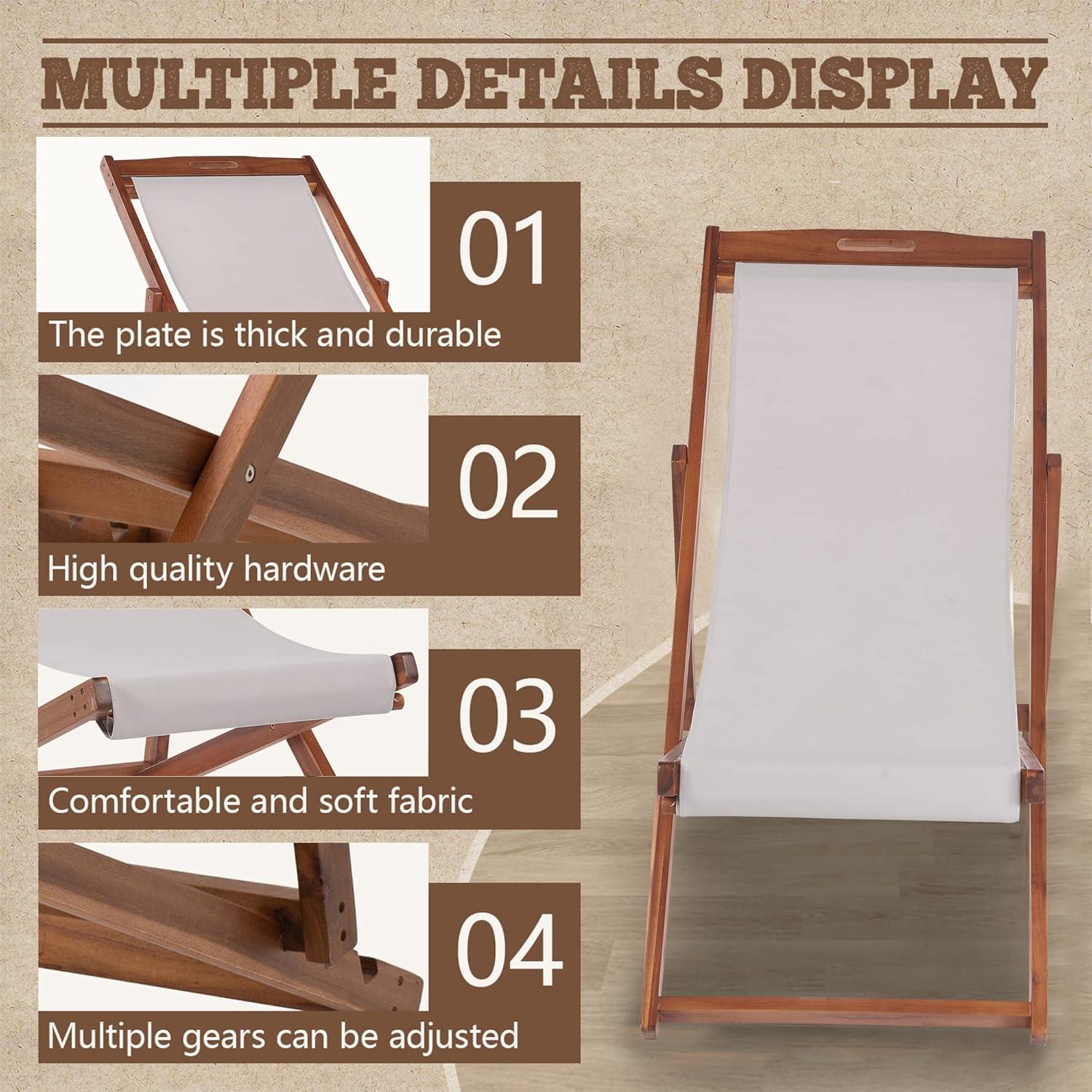 FDW Beach Sling Patio Chair for Relaxing, Foldable with Adjustable Height Made from Eucalyptus Wood with White Polyester,Khaki